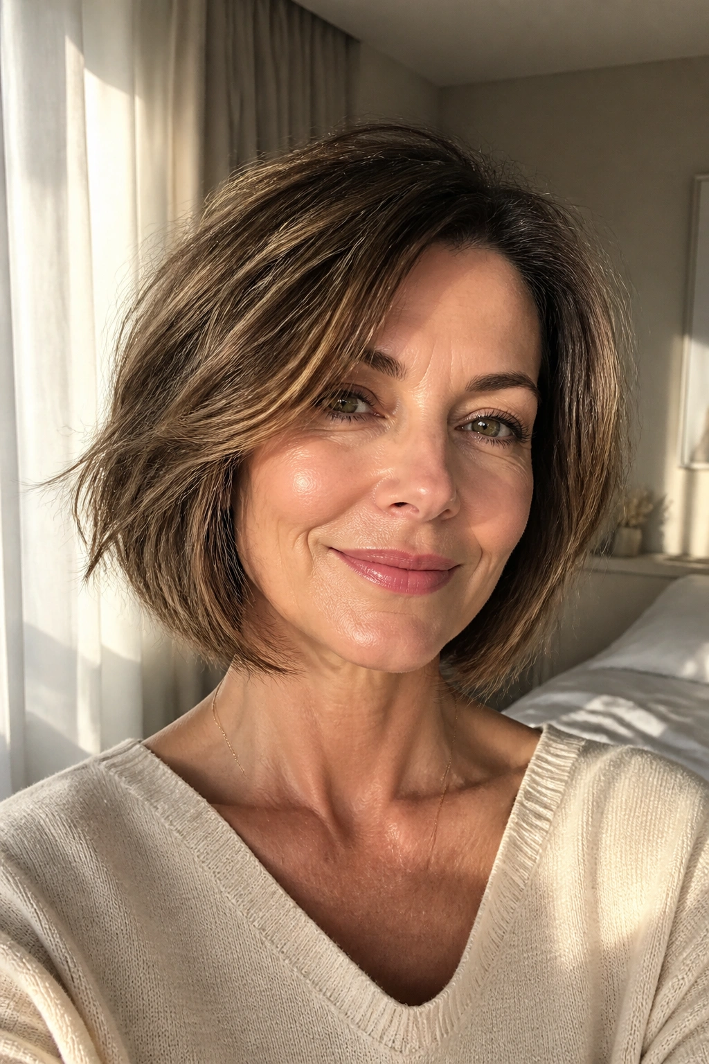Close-up portrait of real woman with air-dry bob in warm natural light.