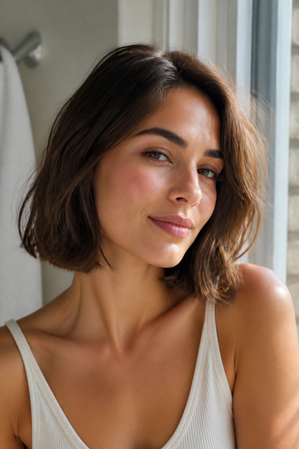 Close-up portrait of a real woman with a chin-to-collarbone air-dry bob in natural light.