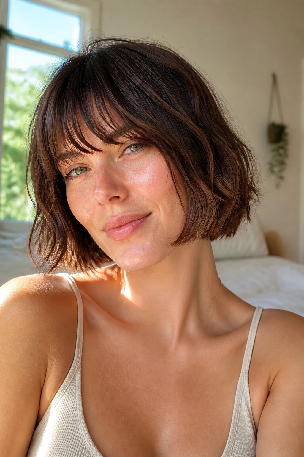 Close-up of a real woman with a chin-length air-dried bob and soft fringe in warm bedroom light