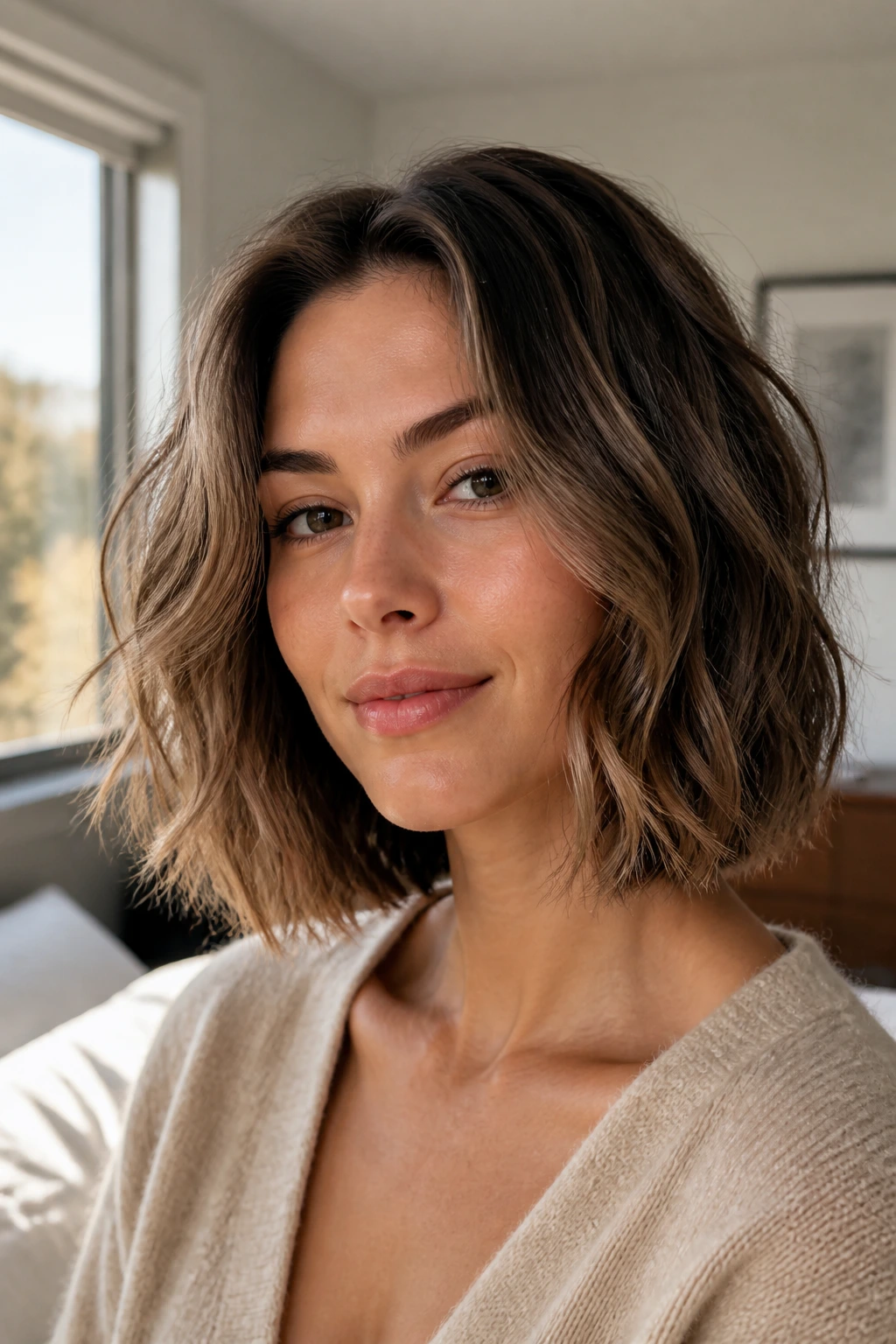 Close-up portrait of a real woman with an air-dry bob for wavy hair and natural texture.