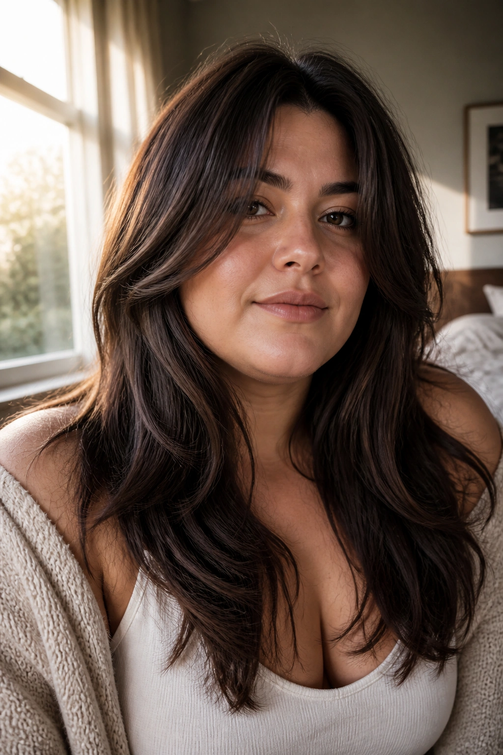 Close-up of a real woman with an air-dried butterfly cut and soft texture in warm window light