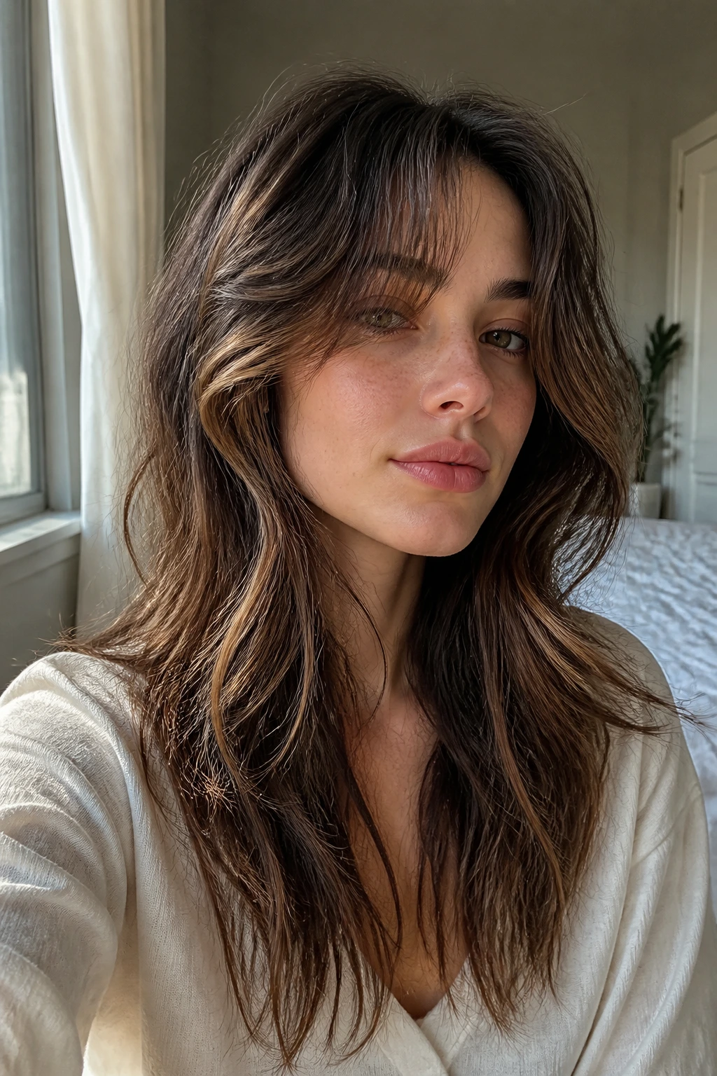 Close-up portrait of a real woman with an air-dry butterfly wolf cut in morning light