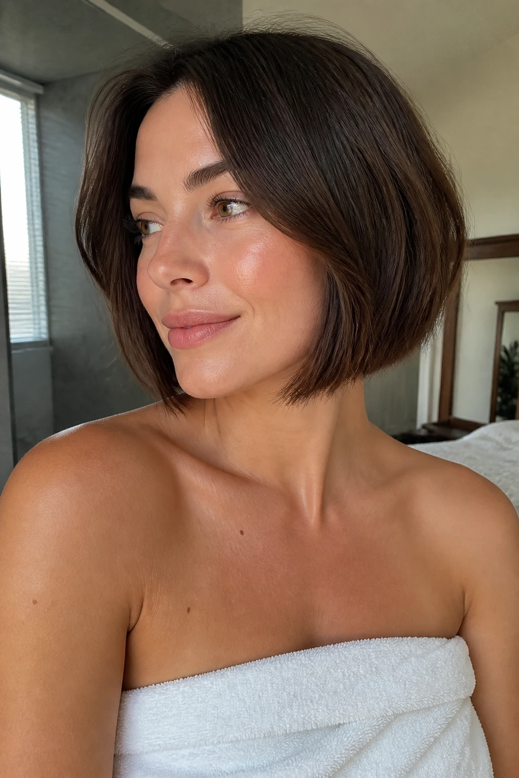 Real woman with air-dry chin bob showing invisible interior layers