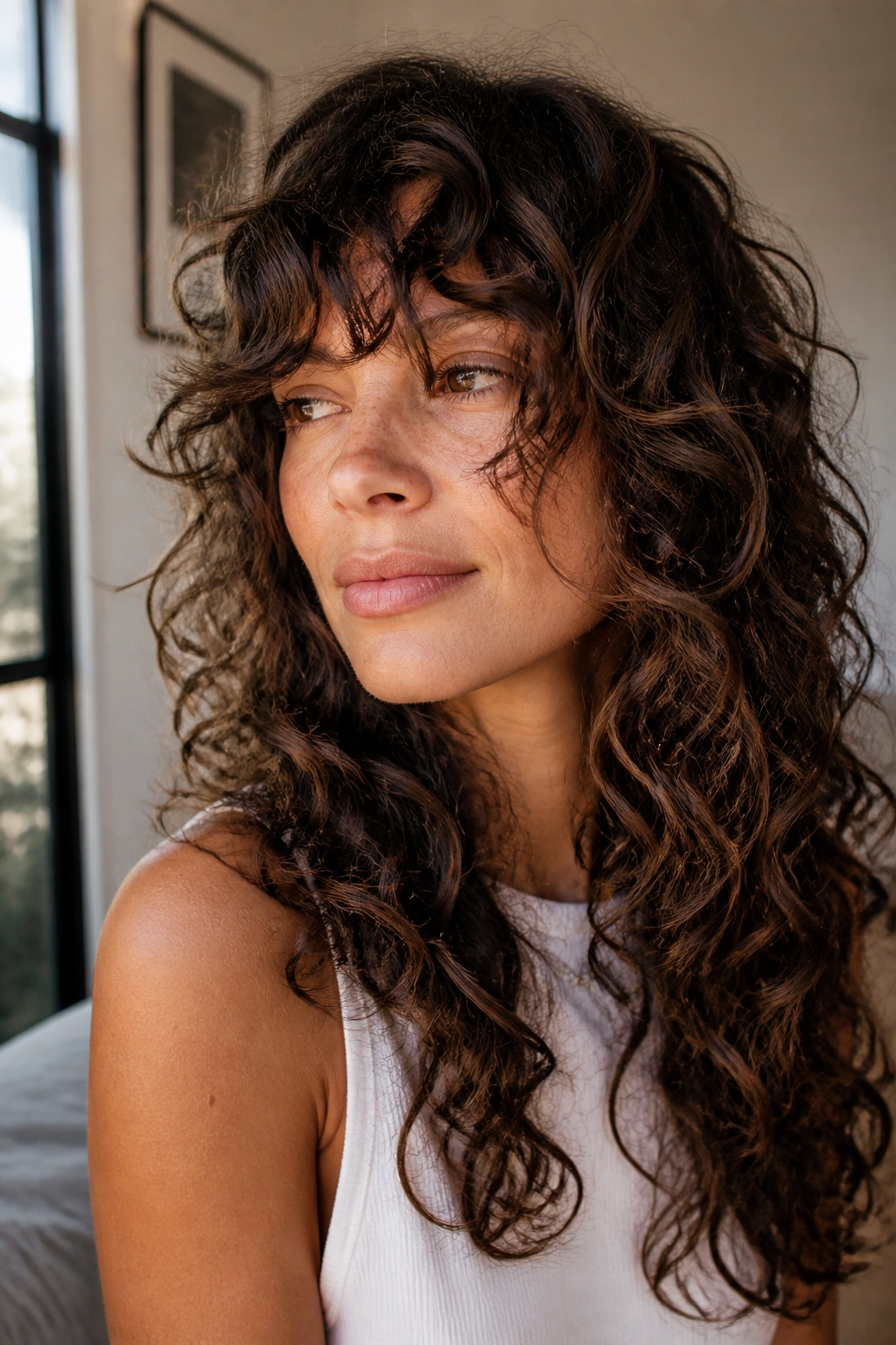 Close-up of a real woman with air-dry curly shag, natural fall and minimal styling