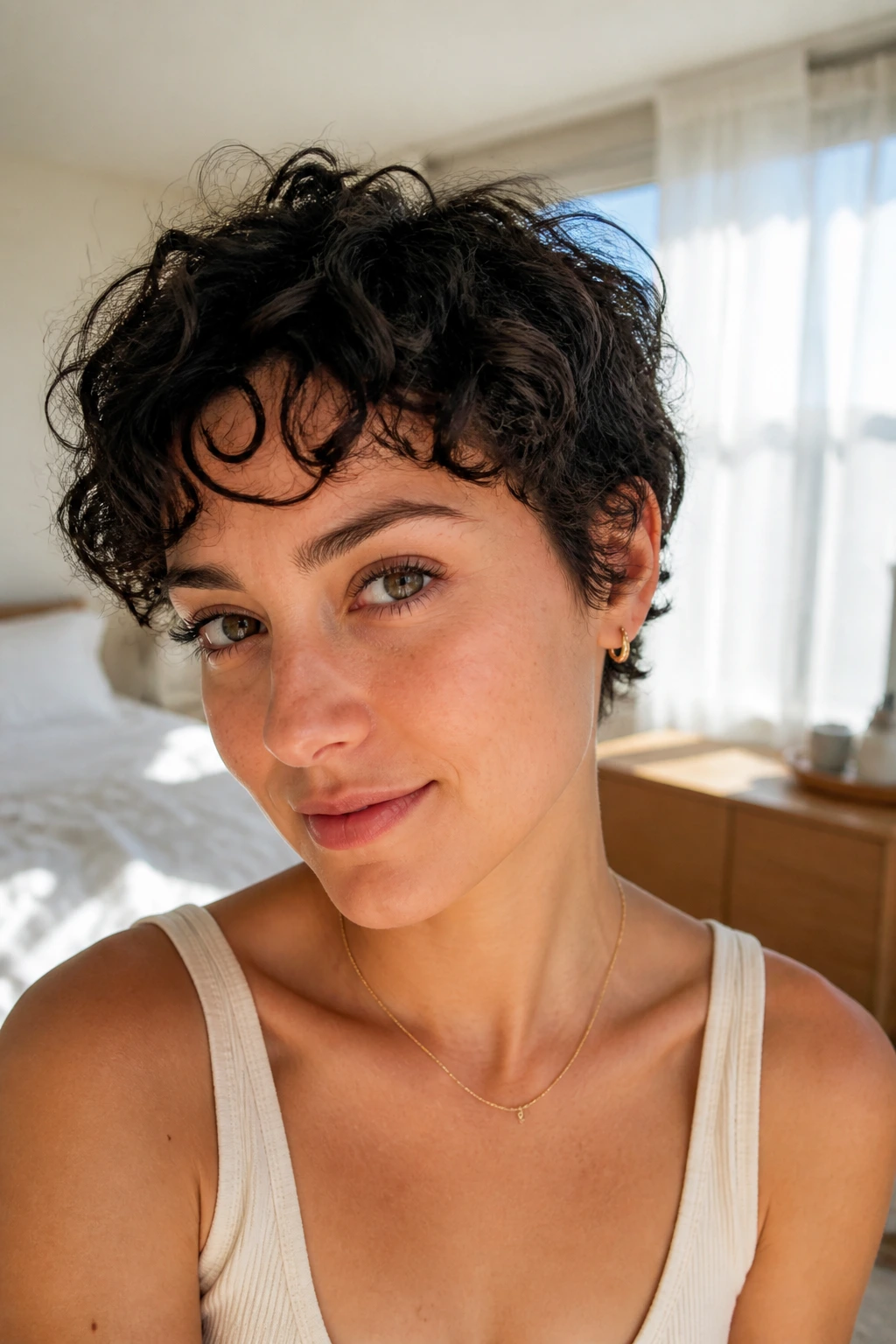 Close-up of real woman with air-dry curly pixie and minimal product for natural texture.