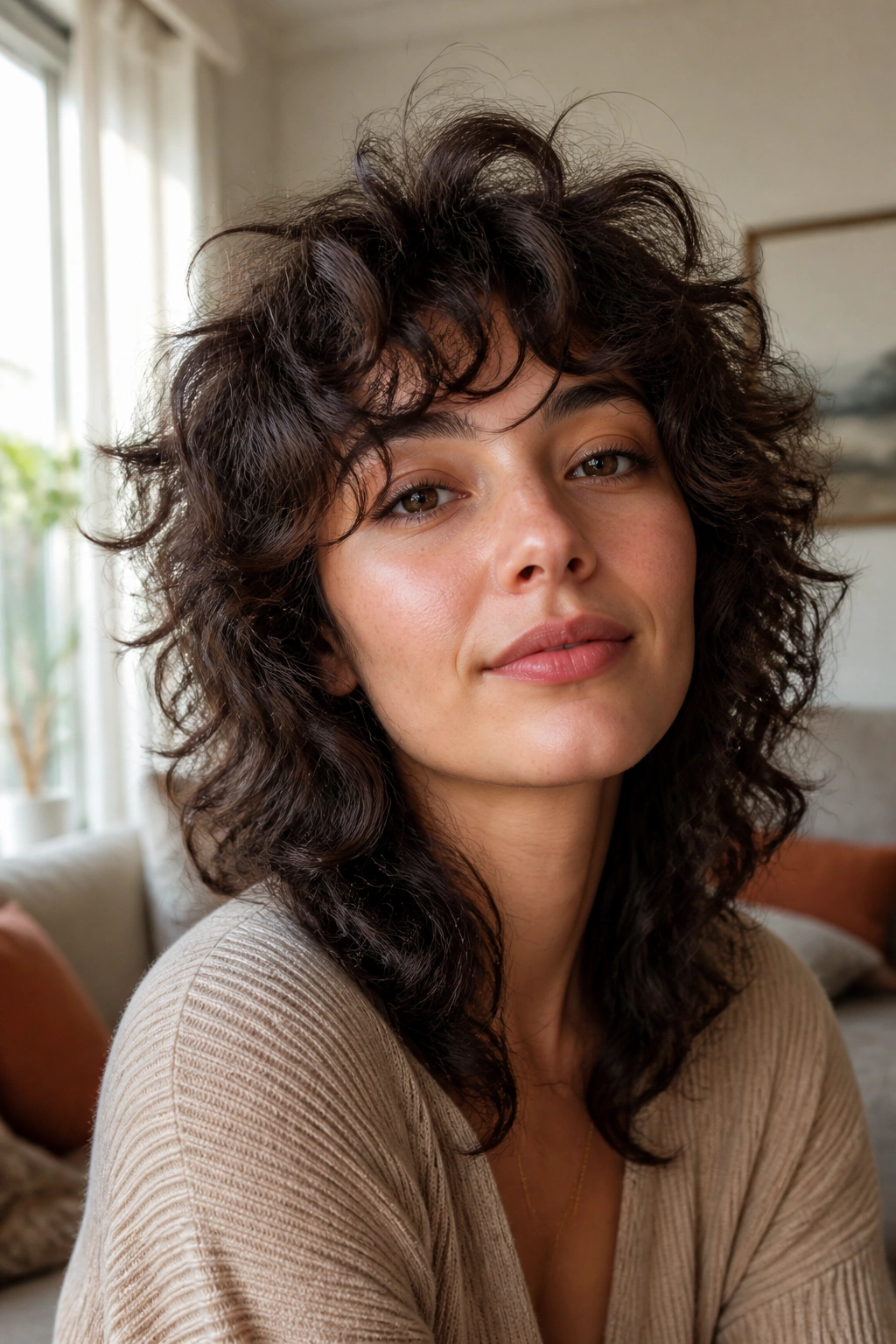 Close-up of real woman with low-maintenance air-dry curly shag