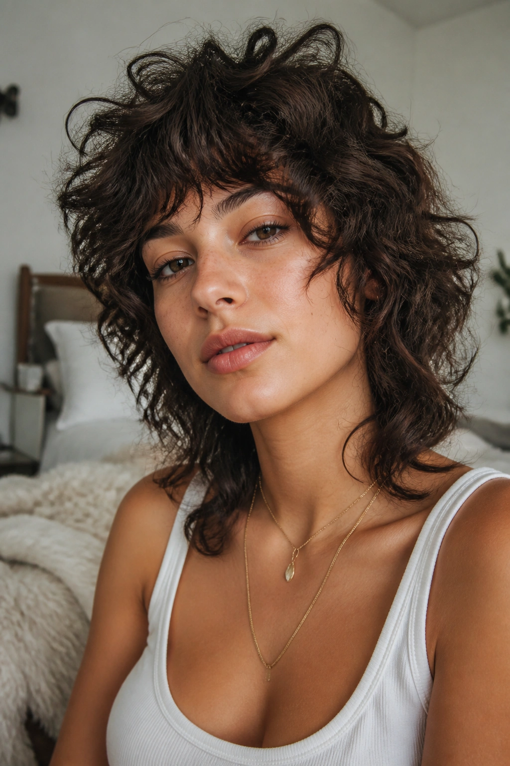 Close-up portrait of a real person with an air-dry curly shag in soft layers