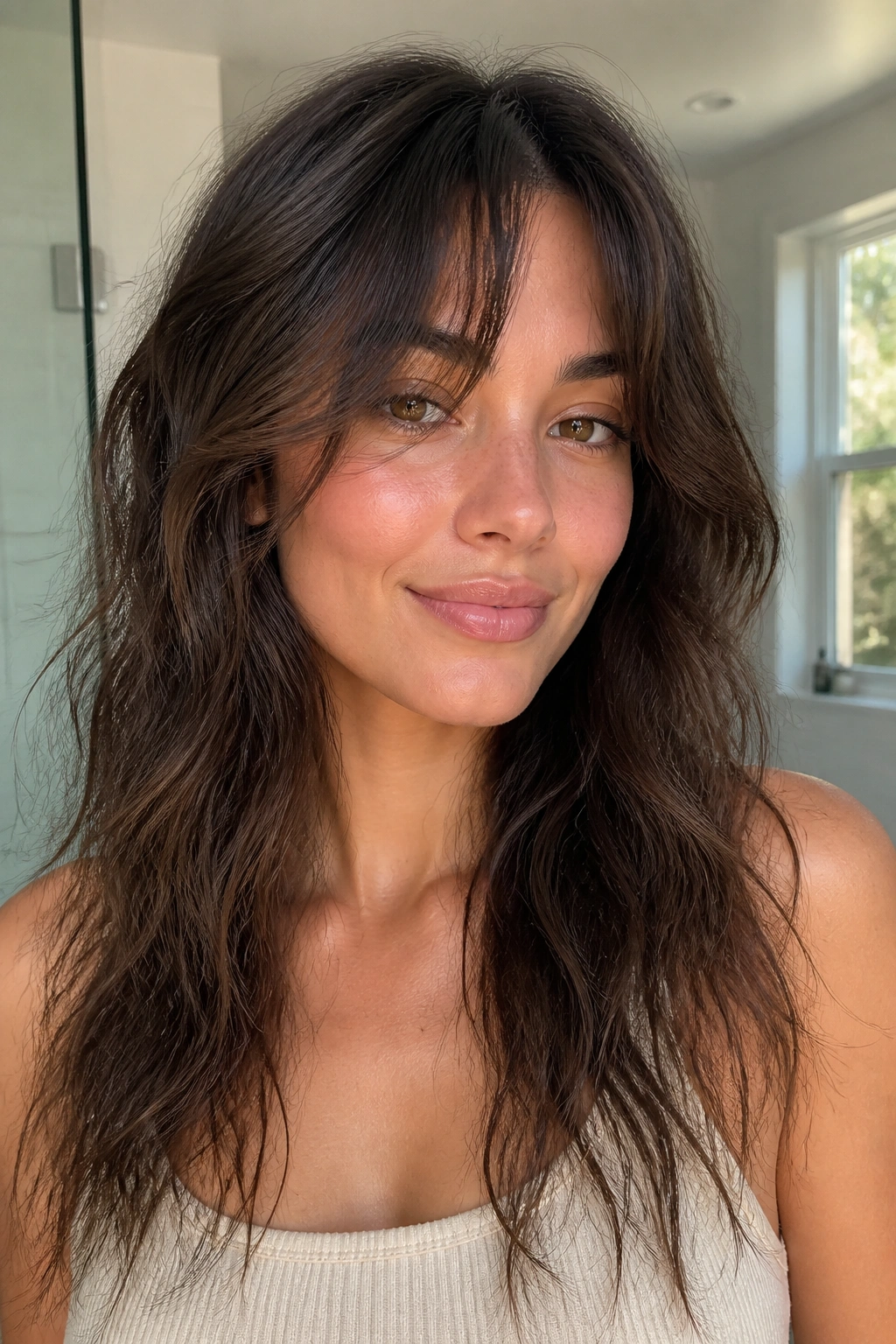 Close-up portrait of a person with air-dry curtain bangs for frizz-prone hair in a bright room
