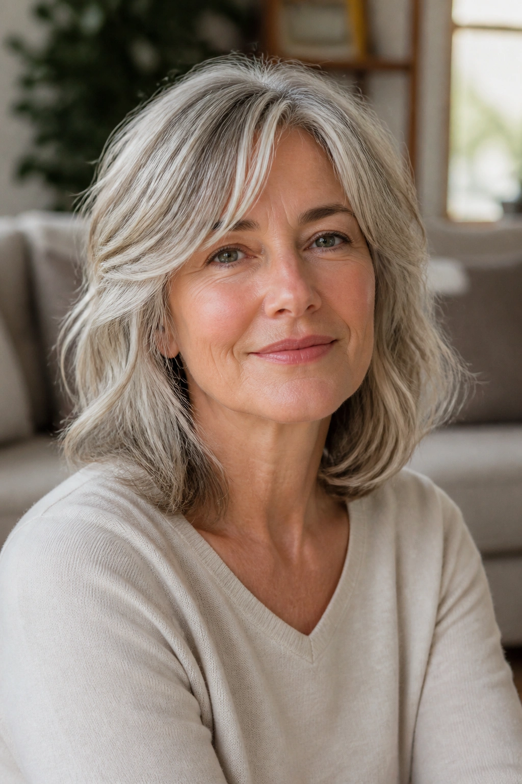 Close-up of older woman with natural air-dry haircut in a cozy room