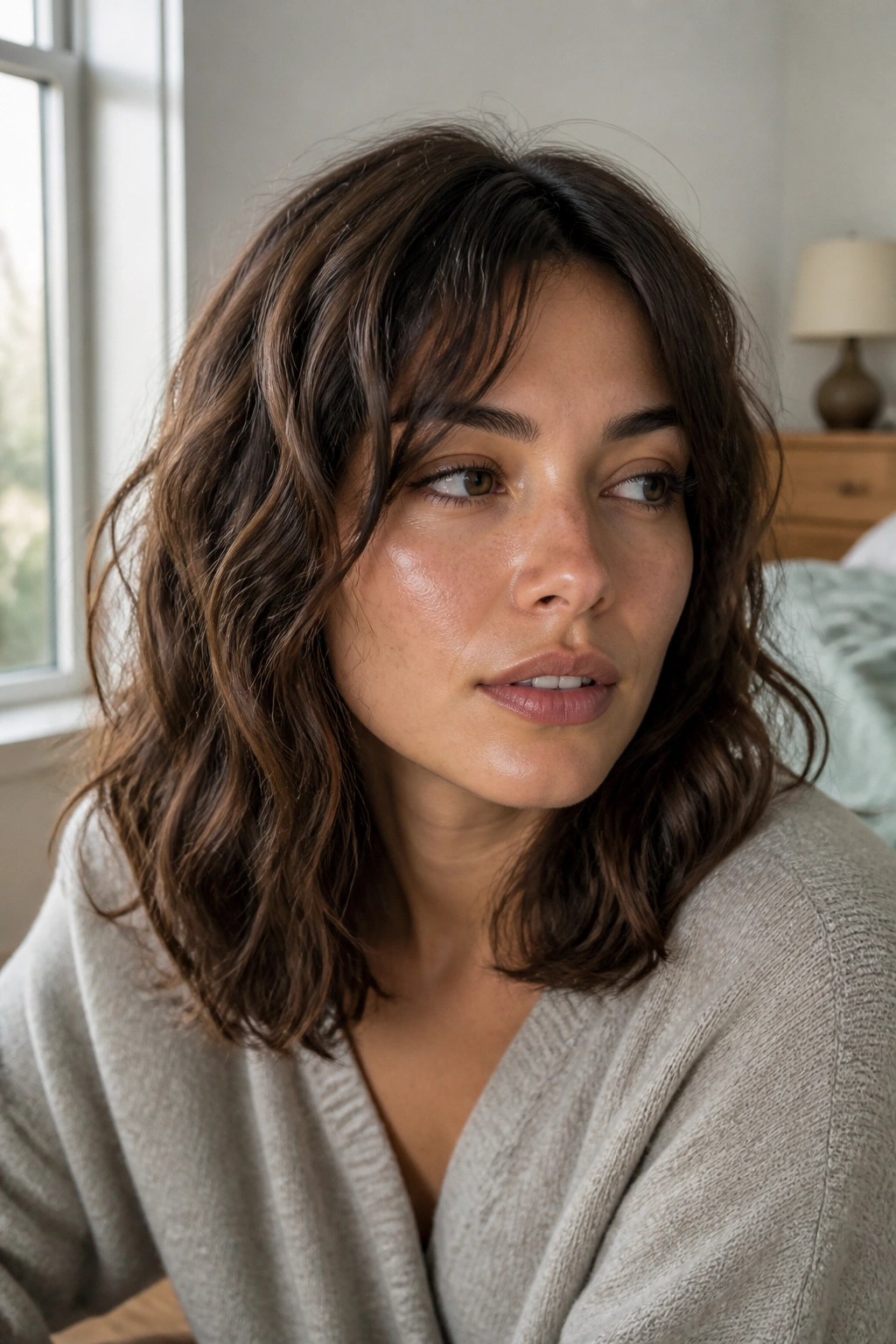 Close-up of a real woman with shoulder-length air-dry waves.