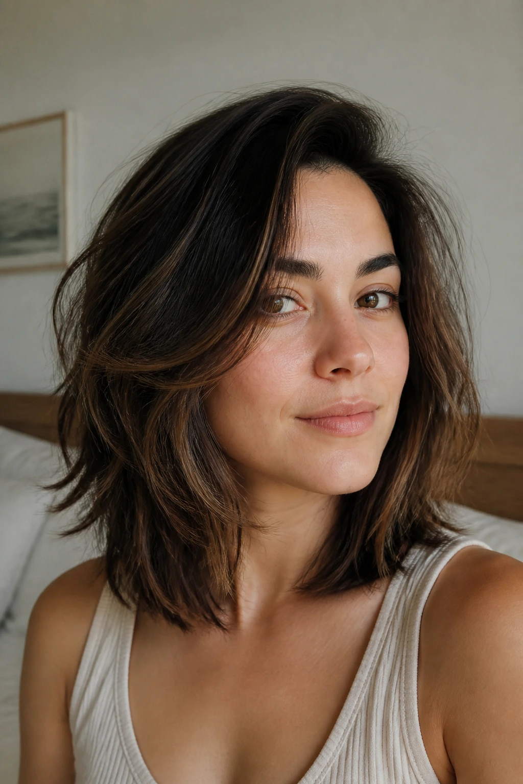 Close-up of a real woman with an air-dry friendly layered cut in a natural room setting
