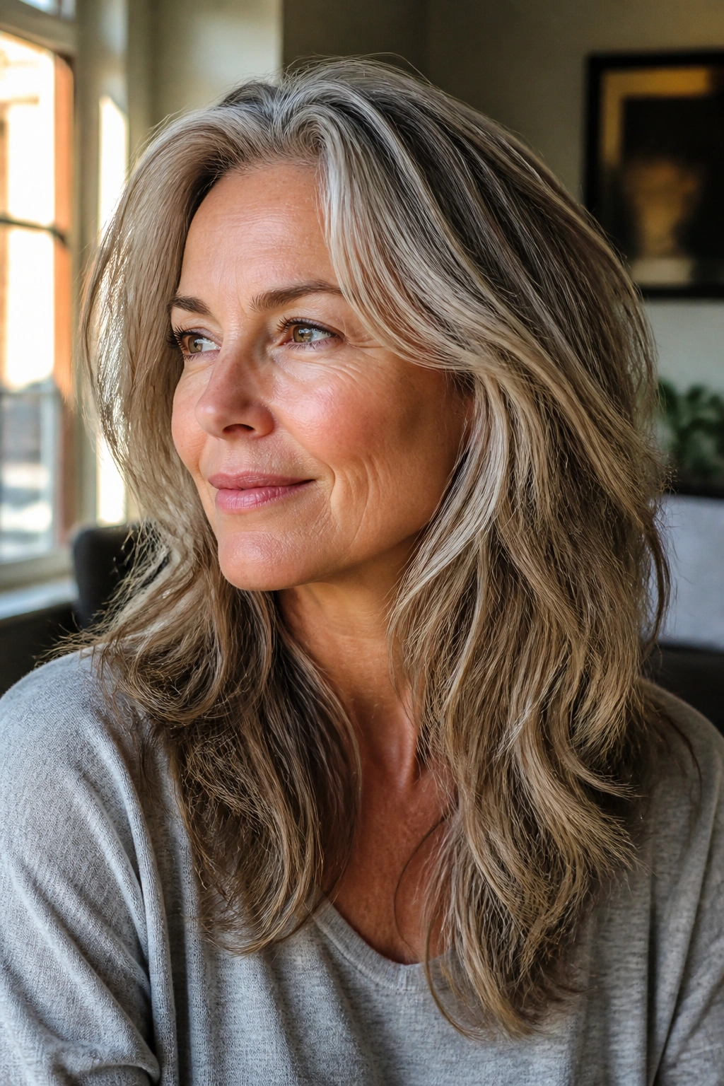 Close-up portrait of a real woman with an air-dry layered cut and natural texture