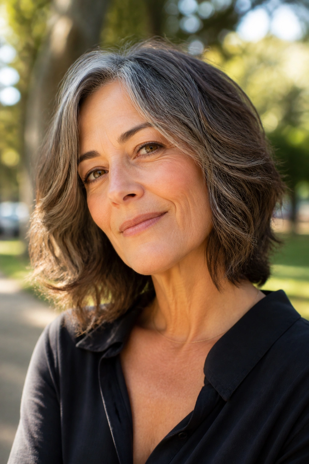 Close-up of a real woman with a shoulder-length layered lob and natural waves in a sunlit park.