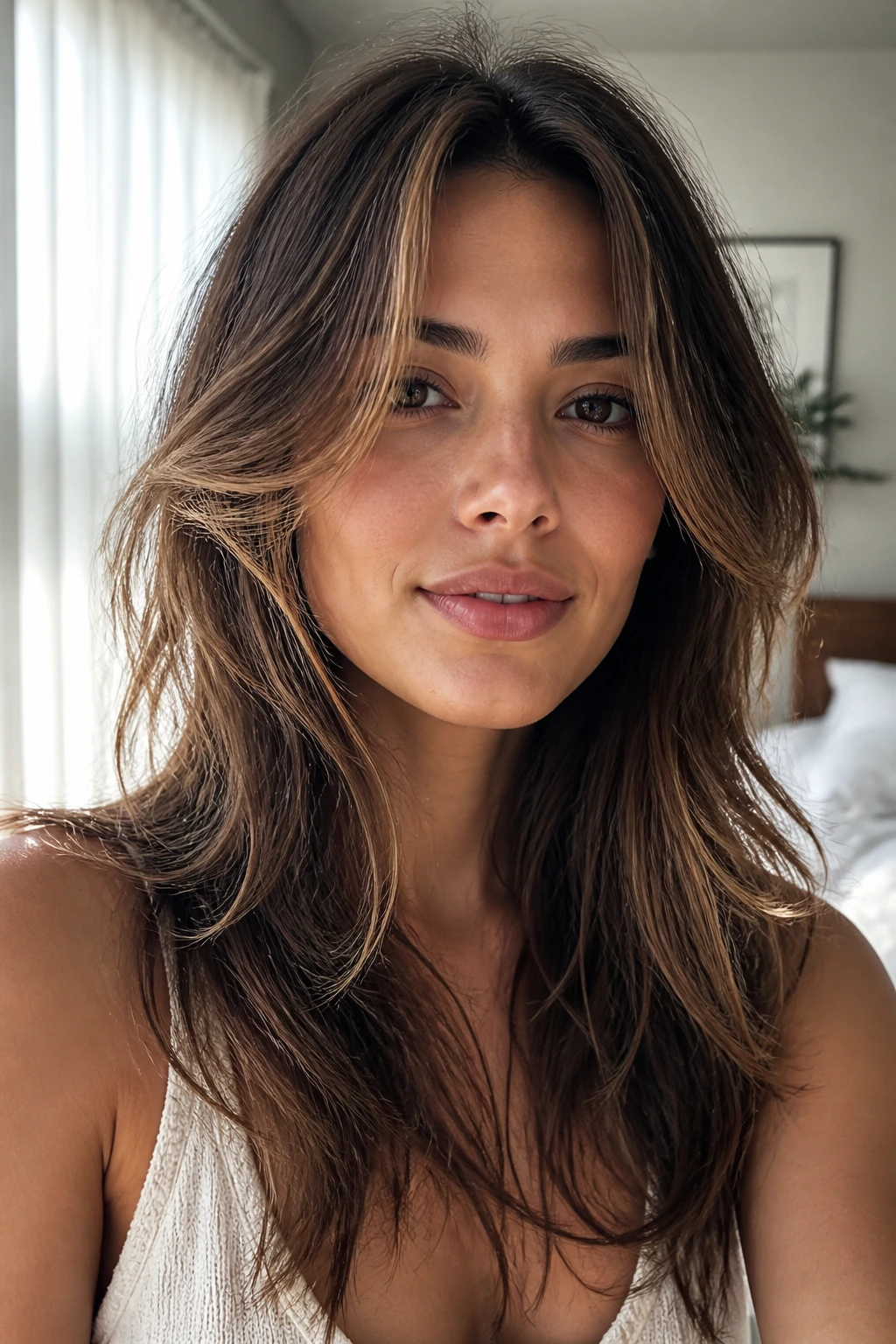 Close-up portrait of air-dried soft layered hair on a real person.