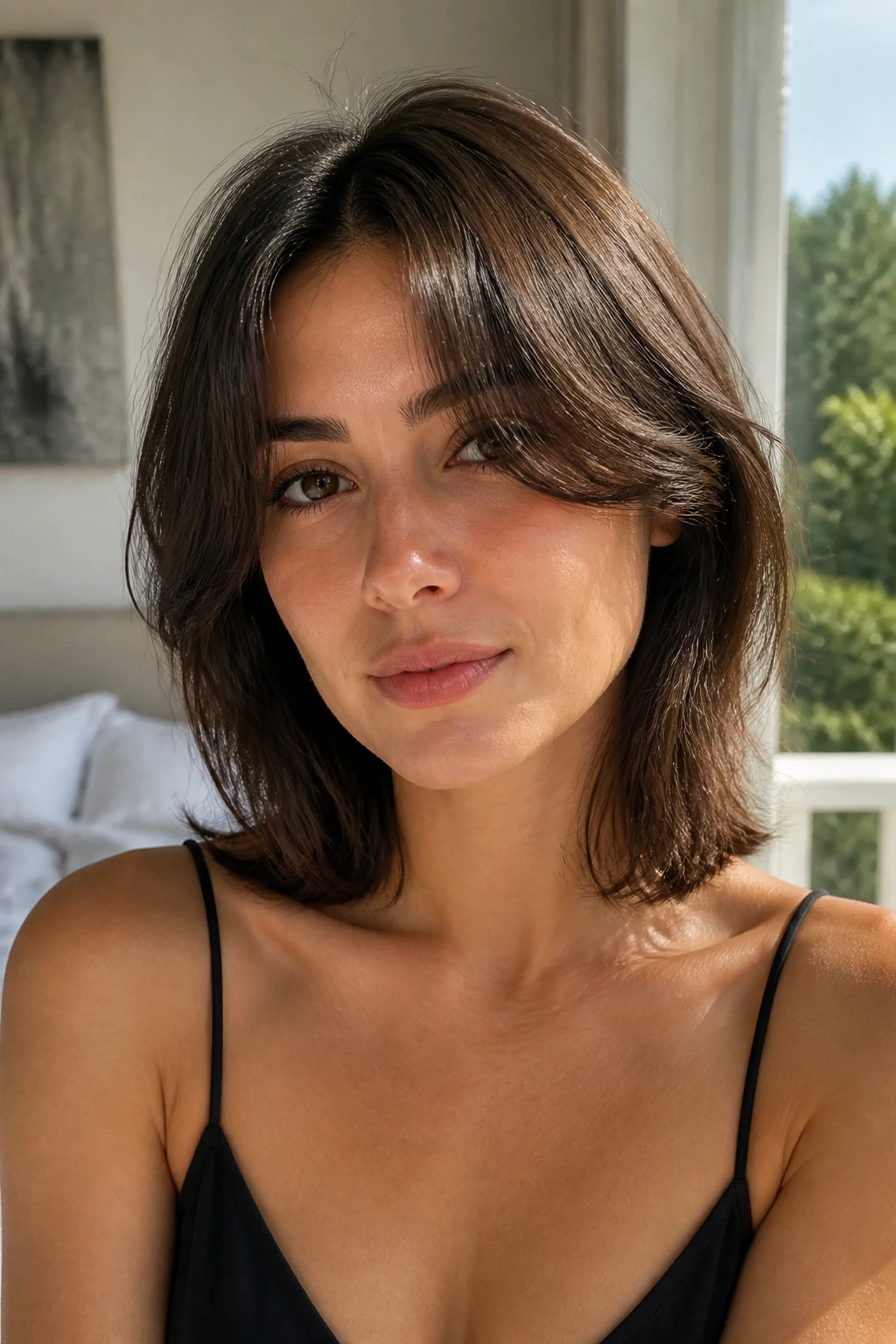 Close-up portrait of a real woman with an air-dry lob and curtain bangs in natural window light