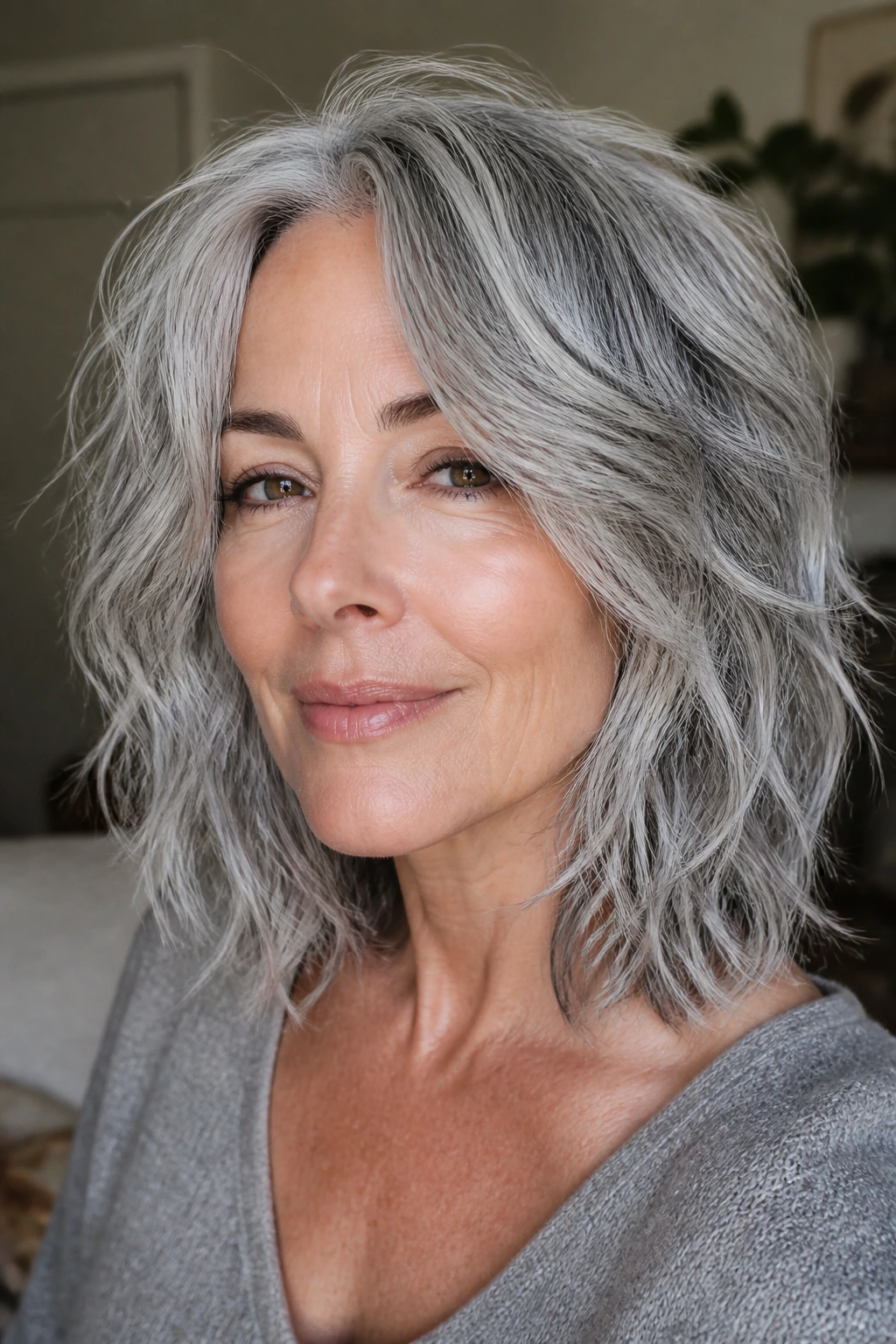 Close-up of a real woman with an air-dry shape and piecey ends