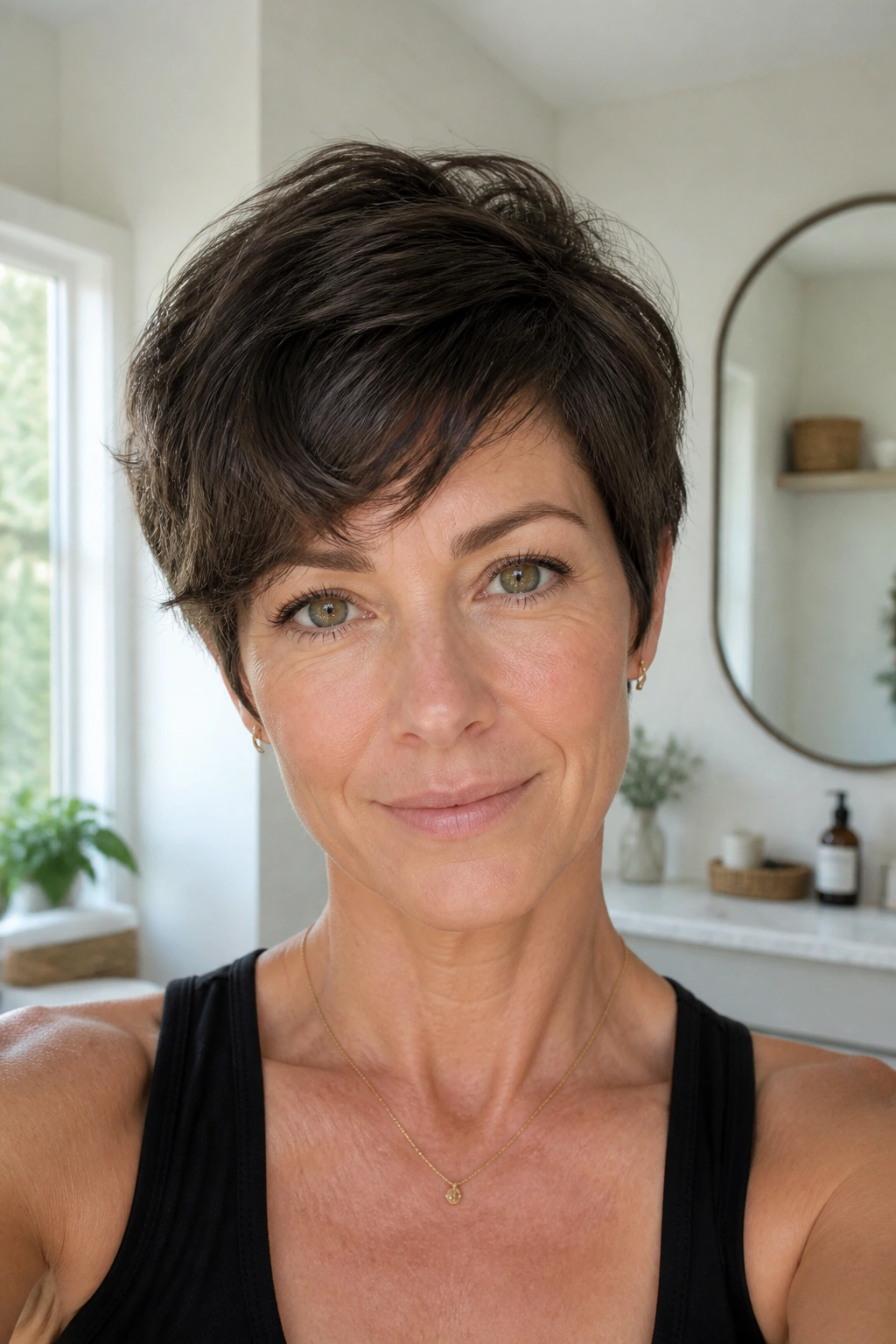 Close-up portrait of a real woman with low-maintenance air-dry long pixie.