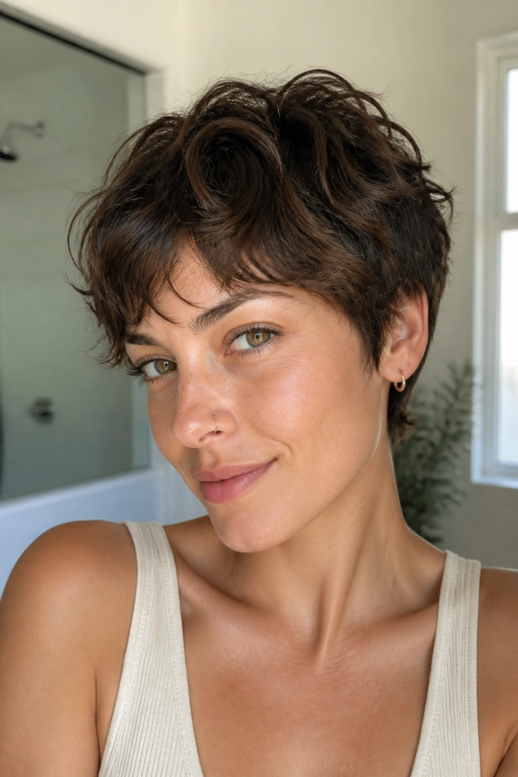 Real woman with air-dry pixie and natural waves in bright room