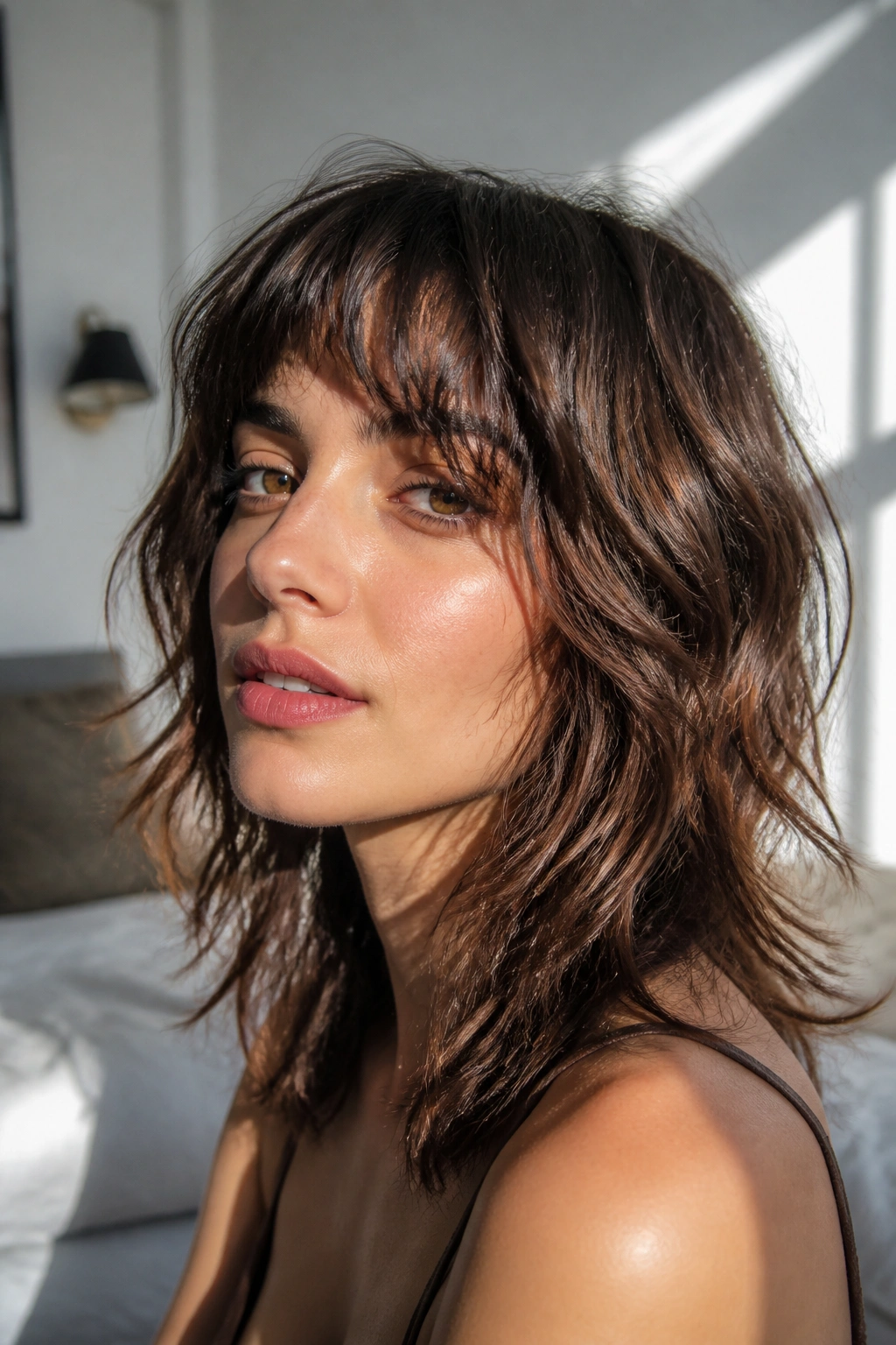 Close-up portrait of a real woman with an air-dry shag and loose ends in a sunlit bedroom.