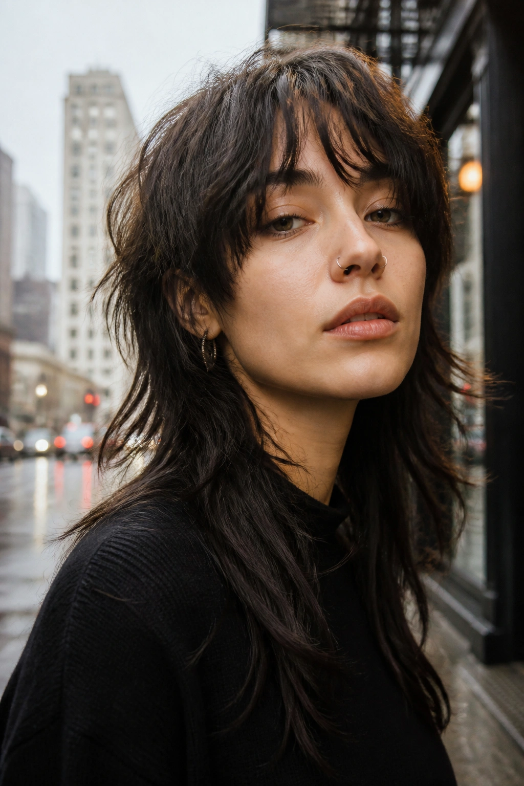 Close-up portrait of a real person with an effortless air-dry shag mullet