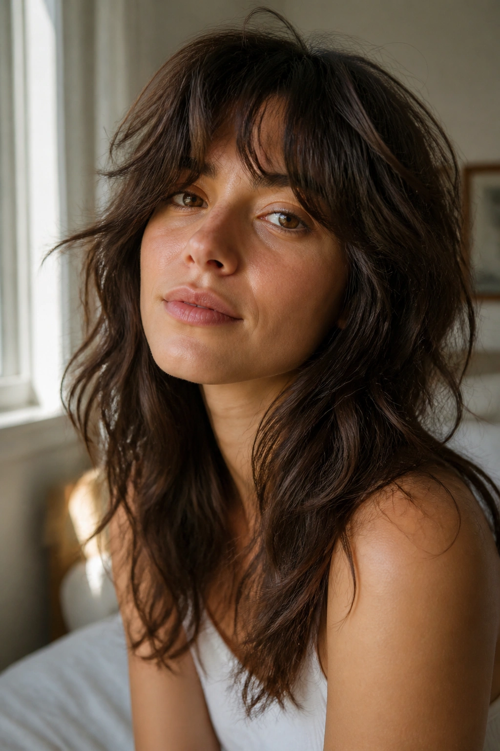 Close-up of a real woman with air-dried long shag texture in a bright bedroom