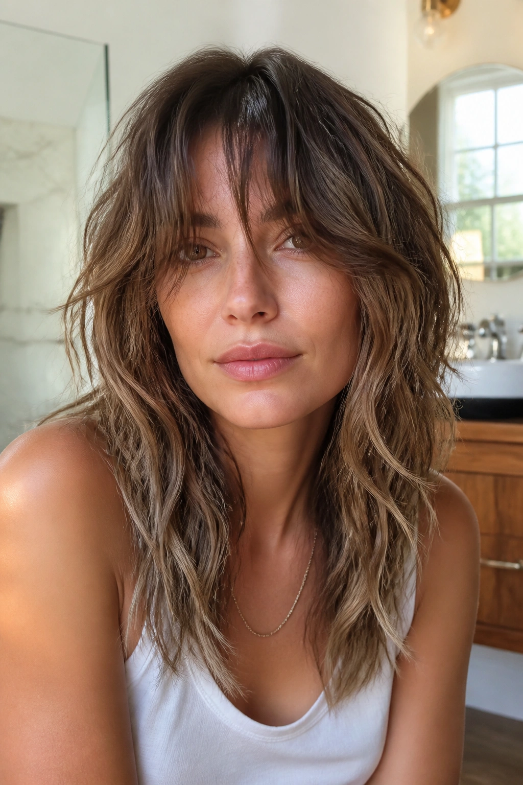 Close-up portrait of a real woman with natural waves and long bangs in an air-dry shag