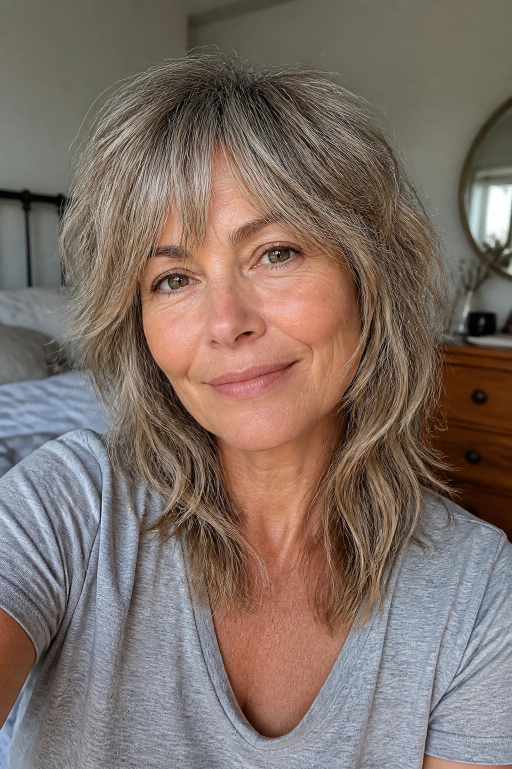 Close-up portrait of a real woman with an air-dry shag texture
