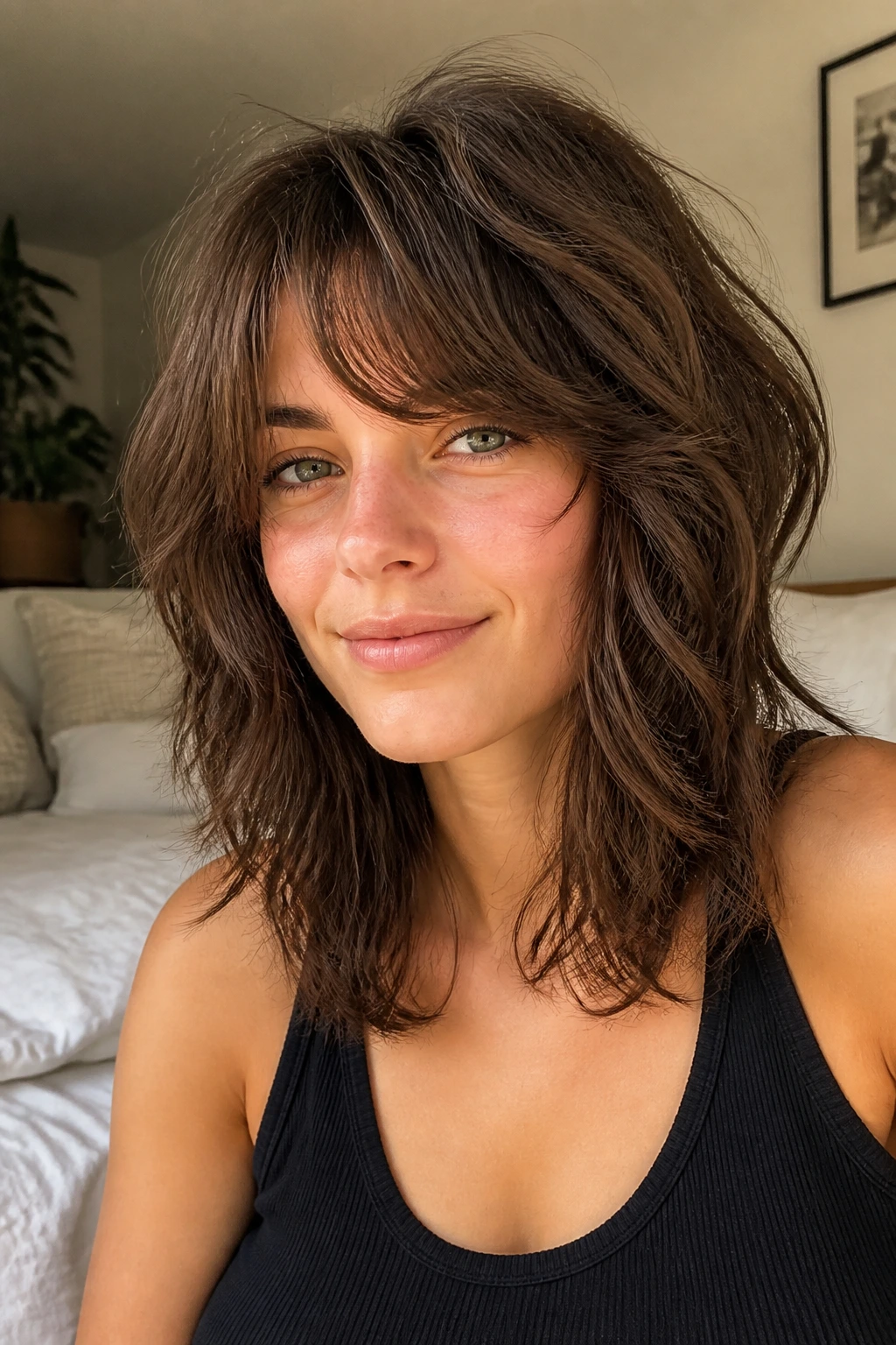 Close-up of a real woman with air-dry shag for thick hair
