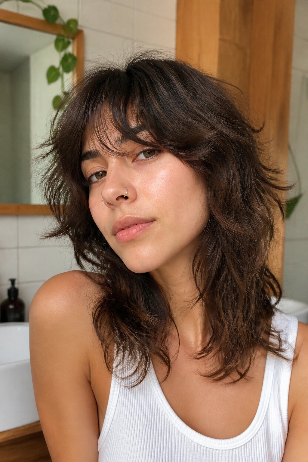 Real woman with air-dry shaggy wolf cut, natural waves