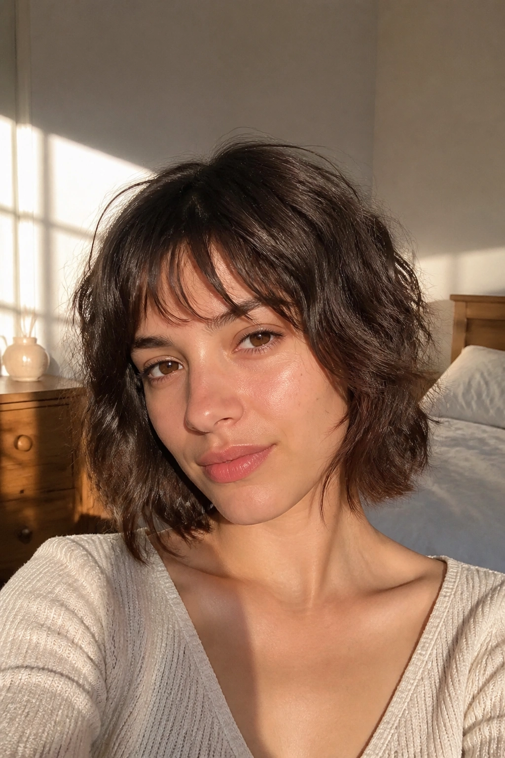Close-up of a real person with an air-dried wolf bob and wispy bangs in sunlit bedroom