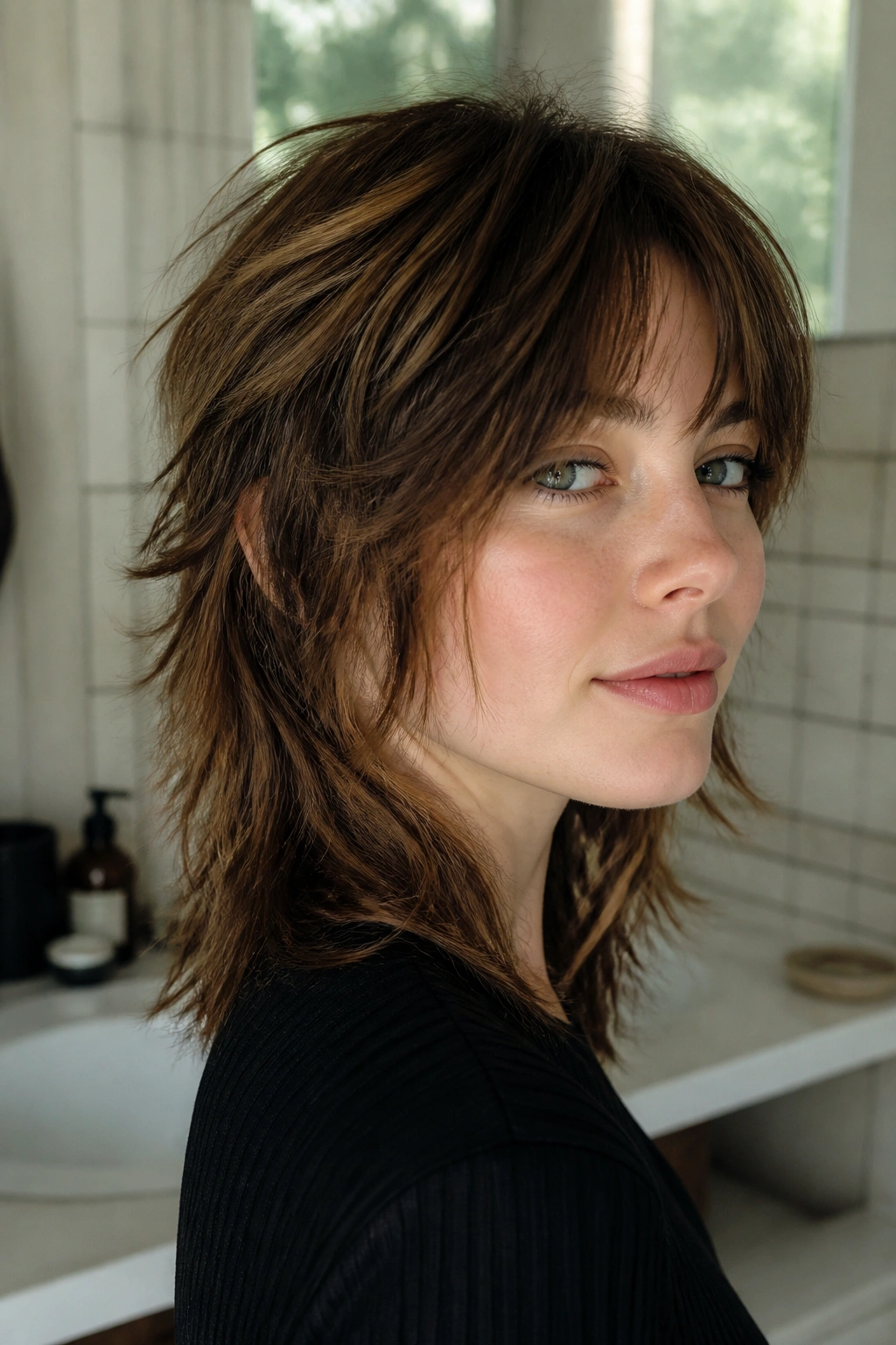 Close-up of a real woman with air-dry wolf cut for fine hair