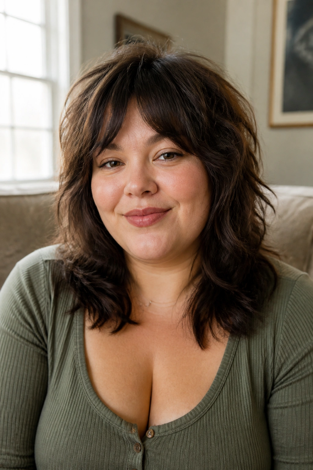 Close-up of real woman with low-maintenance air-dry wolf cut