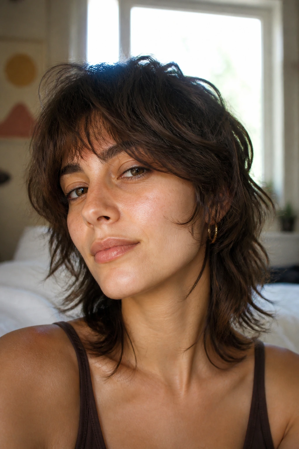 Close-up of real woman with tousled air-dry wolf cut.