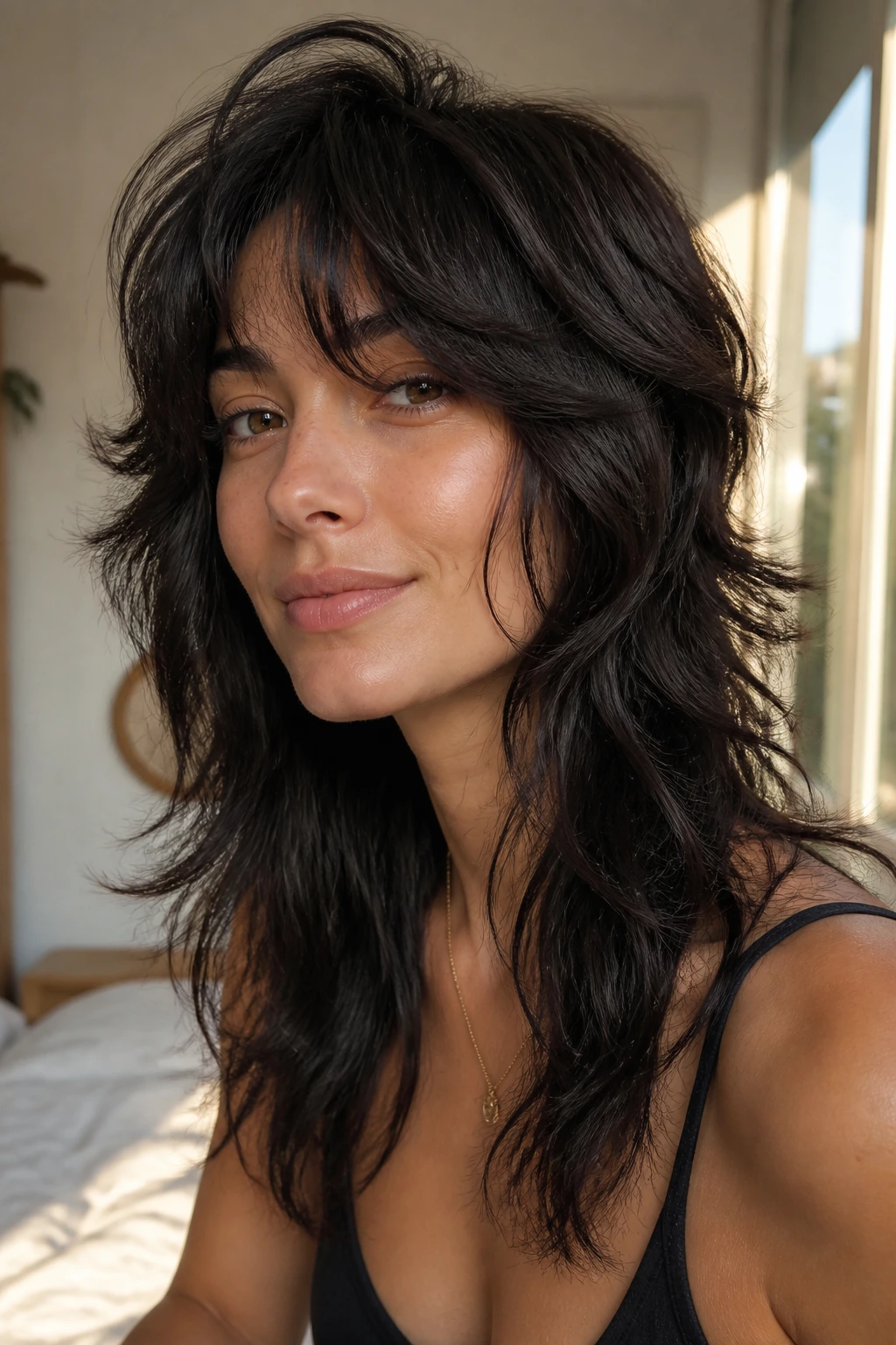 Close-up portrait of a real woman with a low-maintenance air-dry wolf cut in natural light.