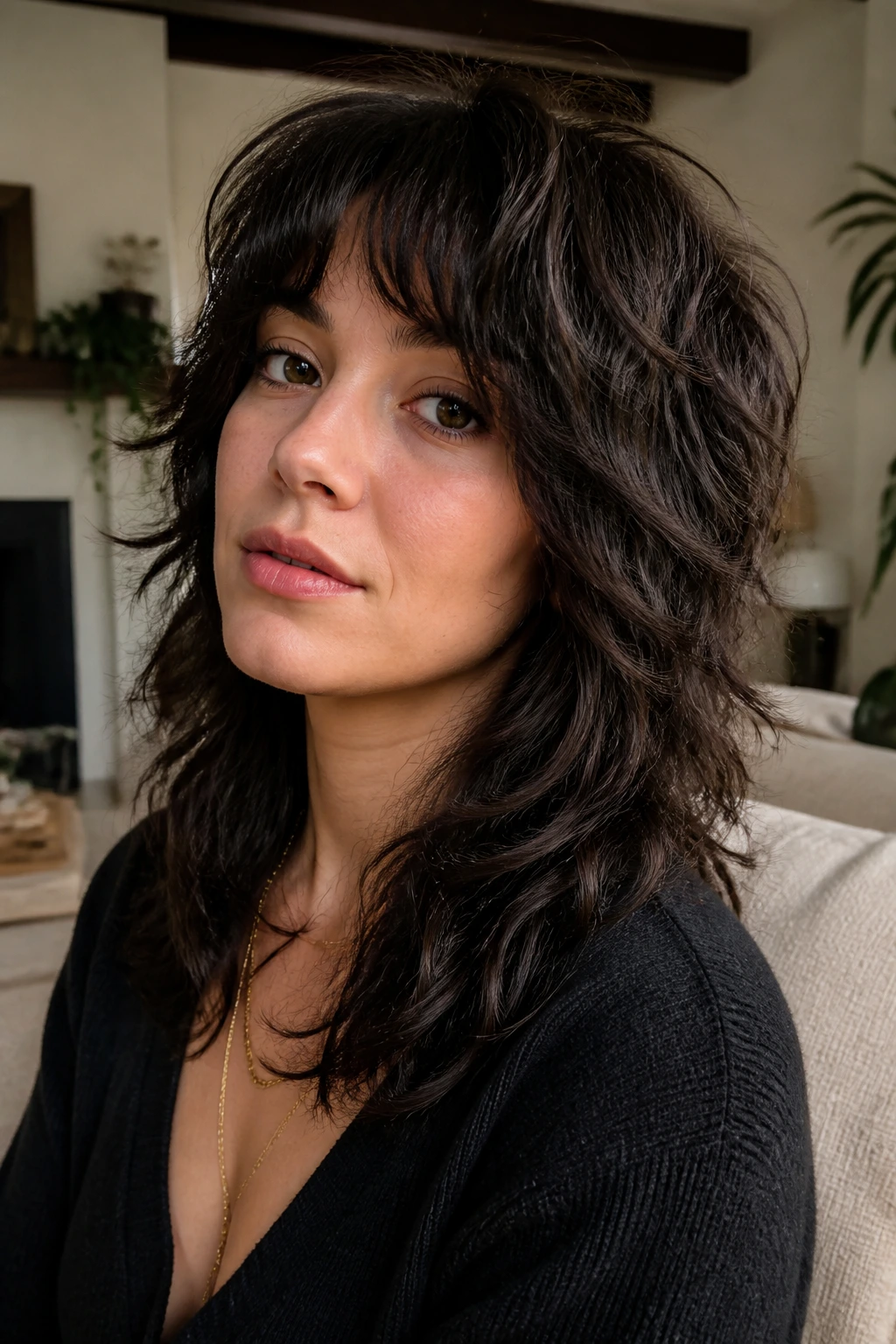 Close-up of a real person with an air-dry wolf cut on dense hair in a cozy living room light.