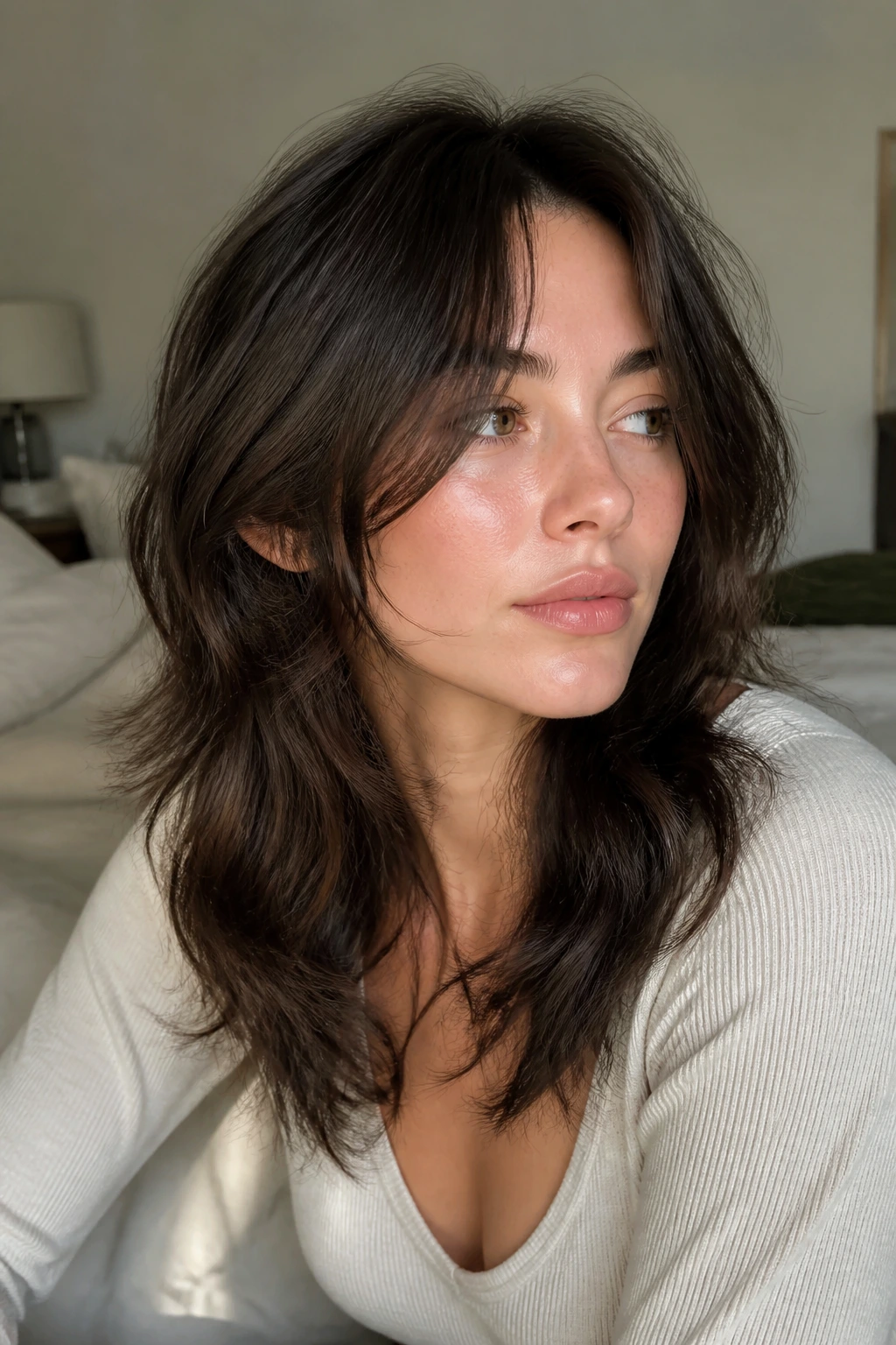 Close-up of a real person with an air-dried wolf cut showing natural wave and minimal styling.
