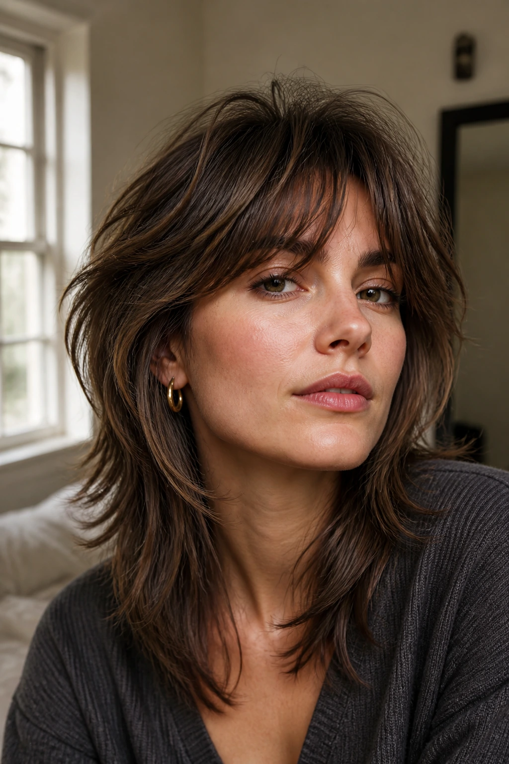 Close-up of a real woman with a Low-Maintenance Air-Dry Wolf Cut in natural window light