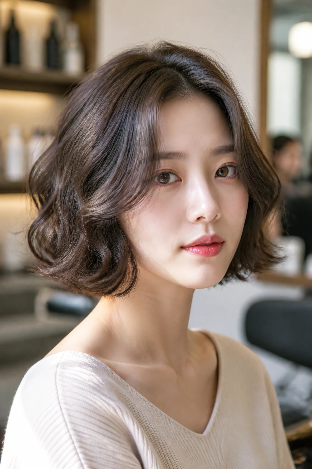 Close-up of a real woman with airy air-perm bob and loose S-waves