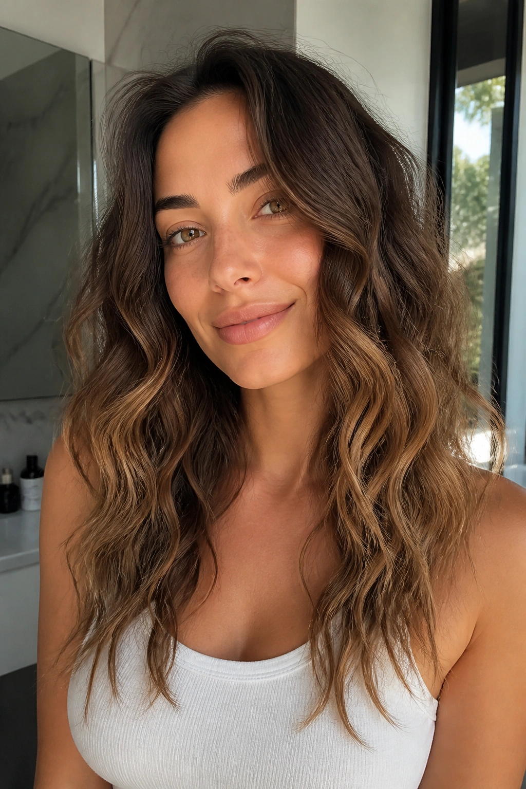 Close-up of a person with air-dried wave layers.