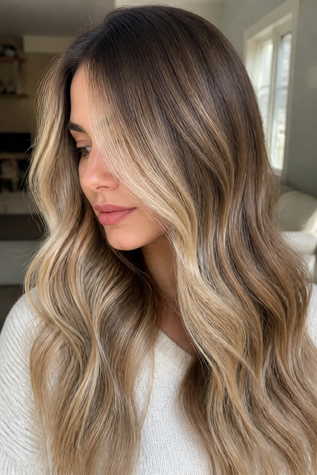 Close-up of long hair with seamlessly blended AirTouch highlights on a real person