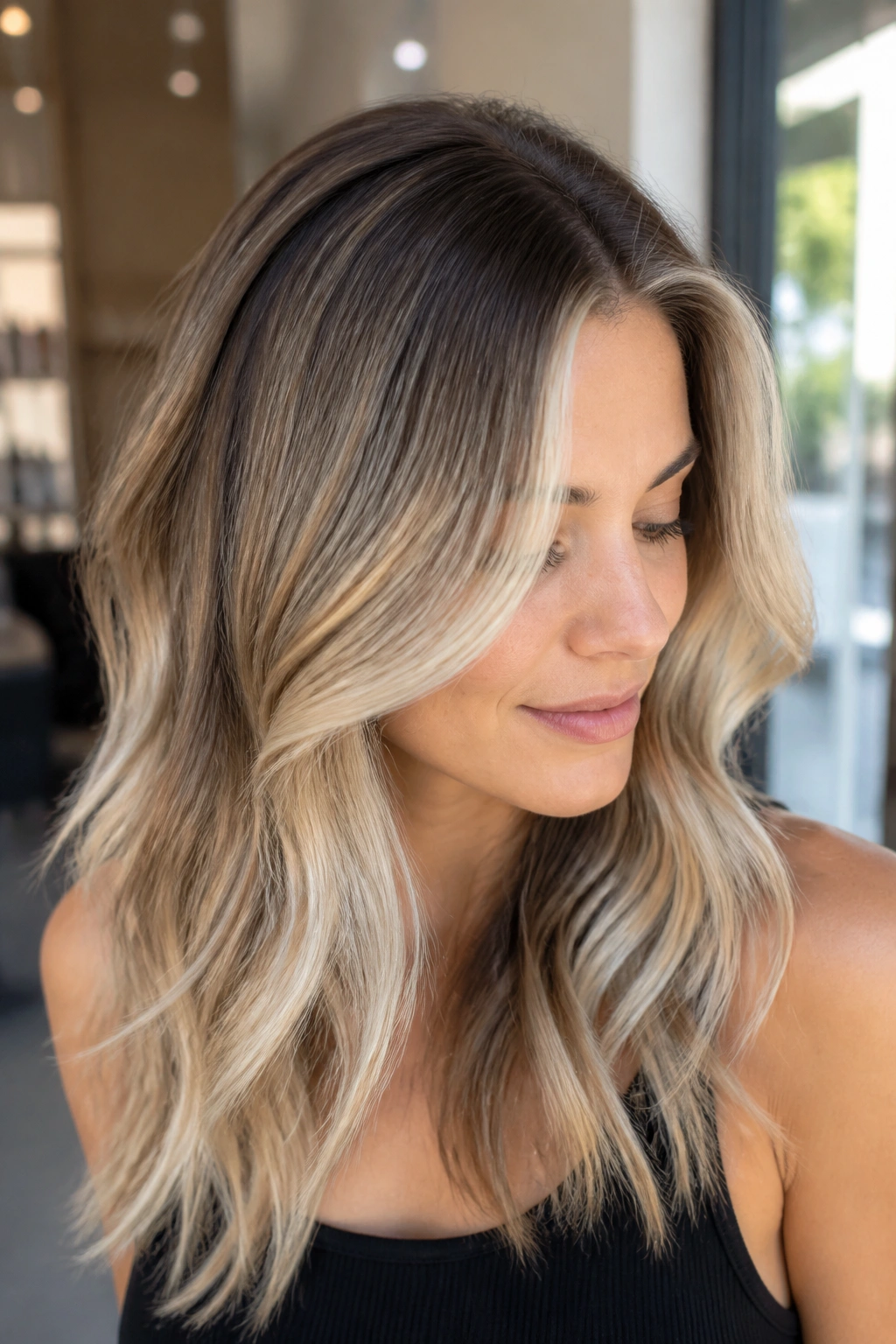 Close-up of a real woman with diffused Airtouch highlights at the crown.