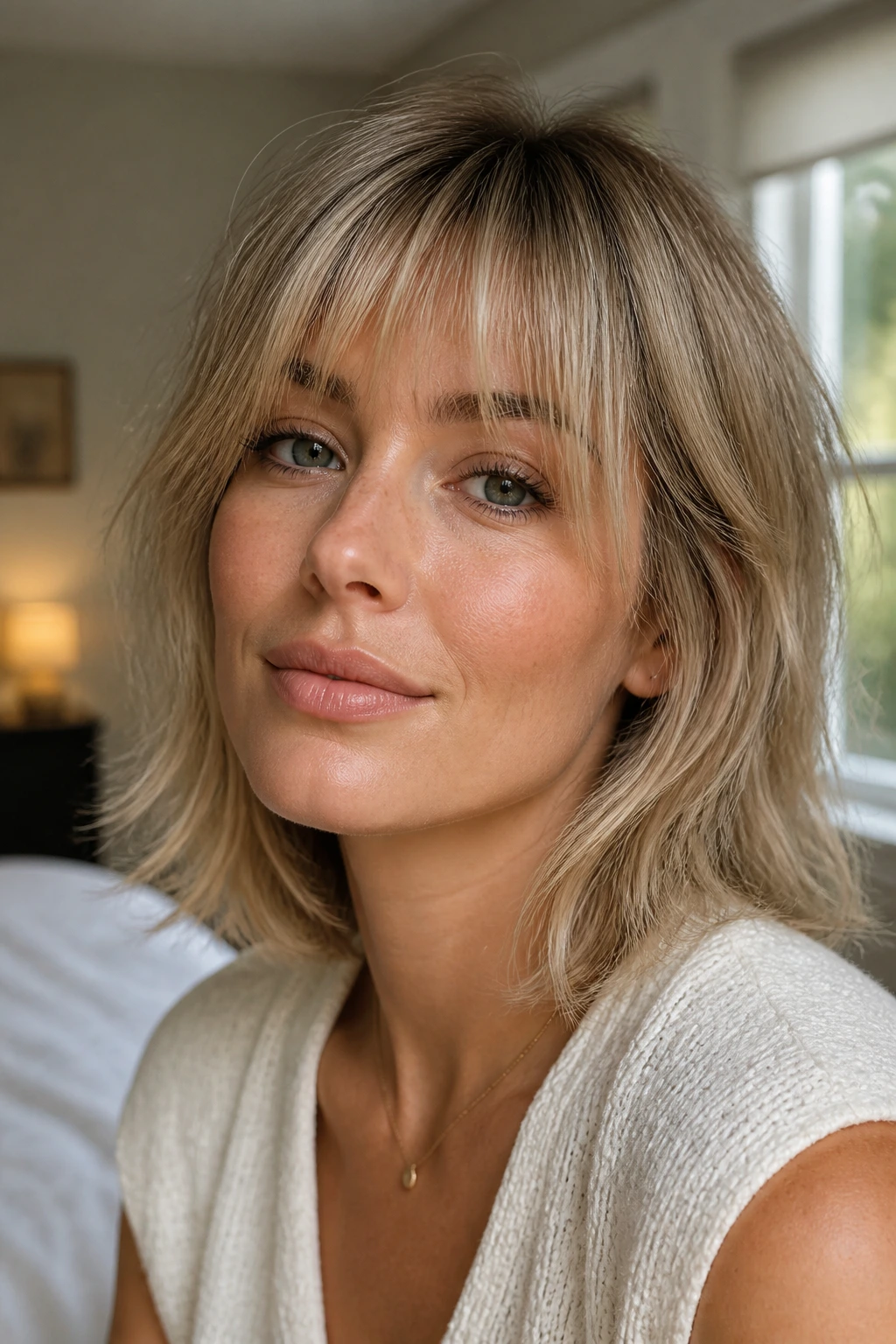 Close-up portrait of a real woman with airy textured bangs for fine hair, warm window light