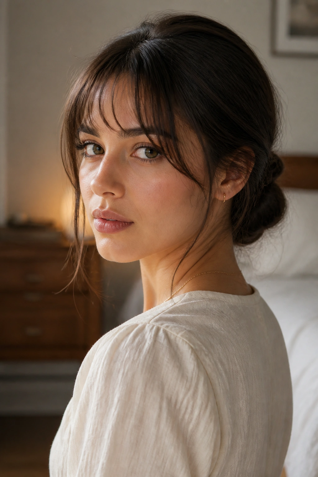 Close-up of a real woman wearing airy bangs with a low bun in warm bedroom light