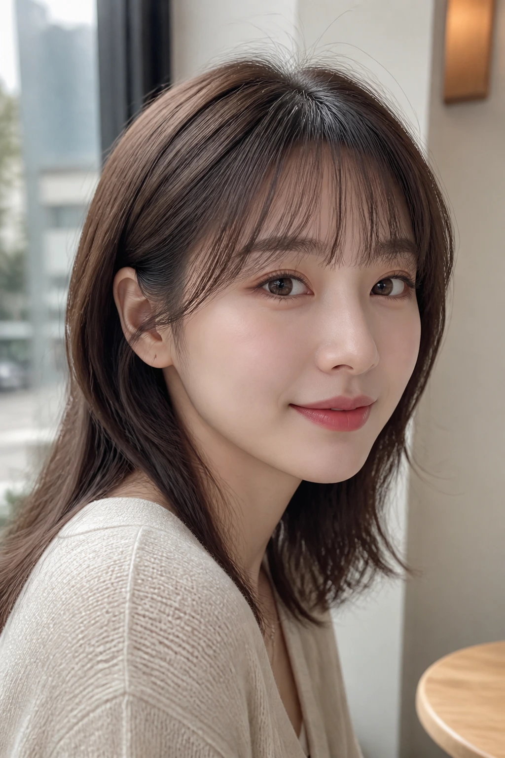Close-up portrait of a woman with airy see-through bangs in cafe daylight
