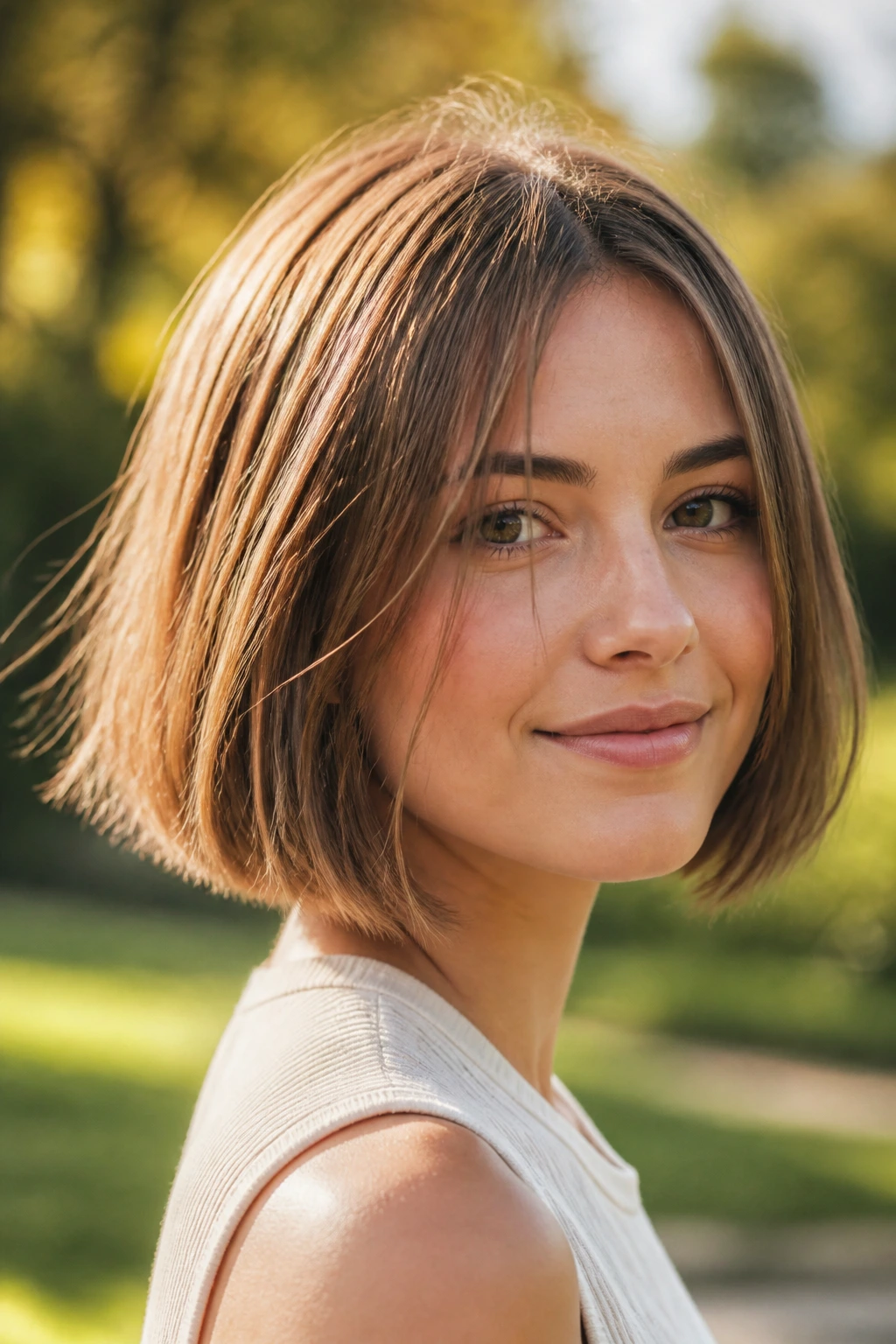 Close-up of a real person with an airy blunt bob in golden hour light