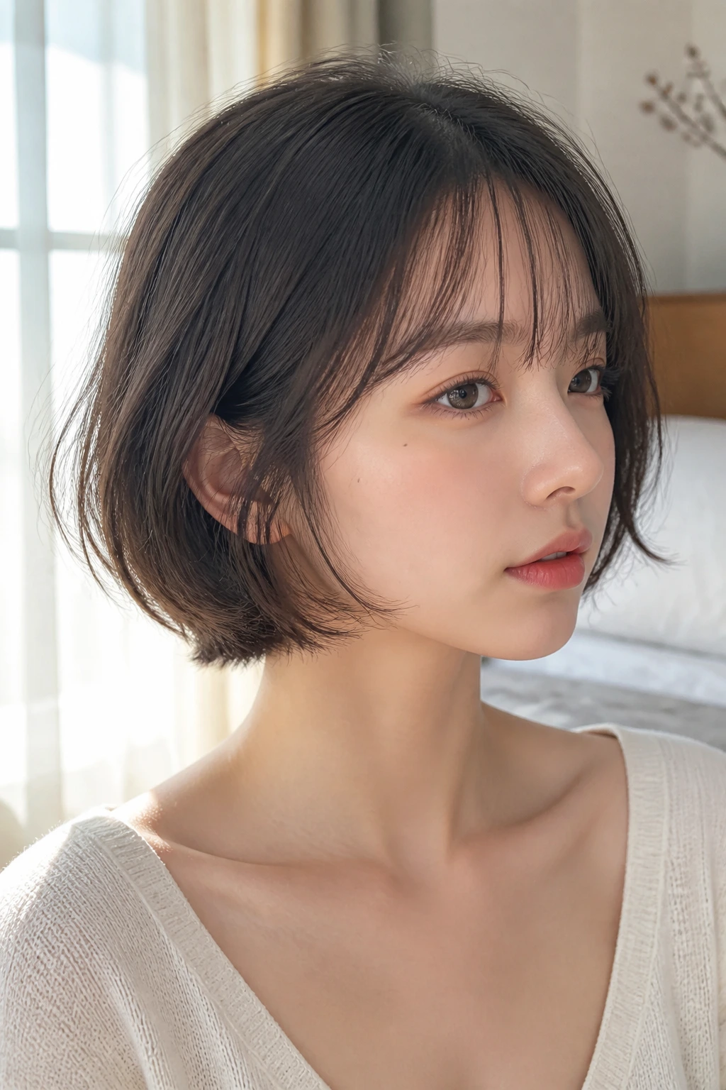 Real woman with airy bob and see-through bangs by a sunny window