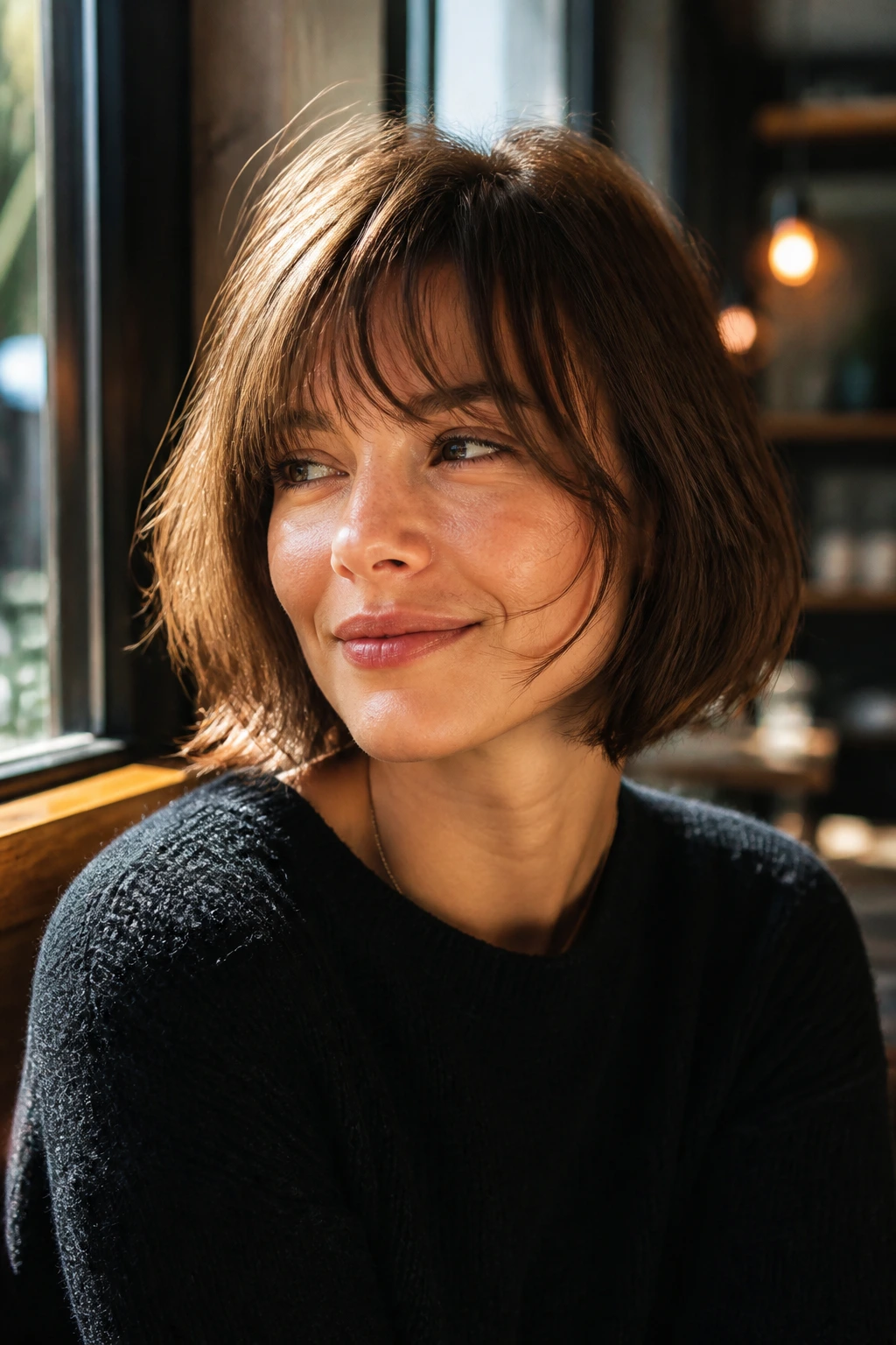 Close-up portrait of a real woman with an airy French bob and wispy bangs