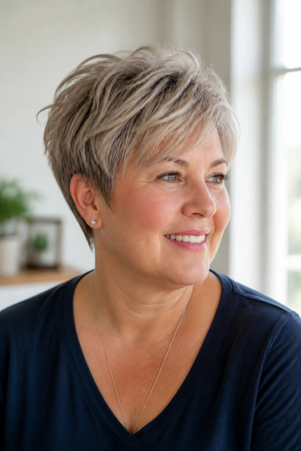 Close-up of a real woman with an airy crop for fine hair showing crown lift and soft edge