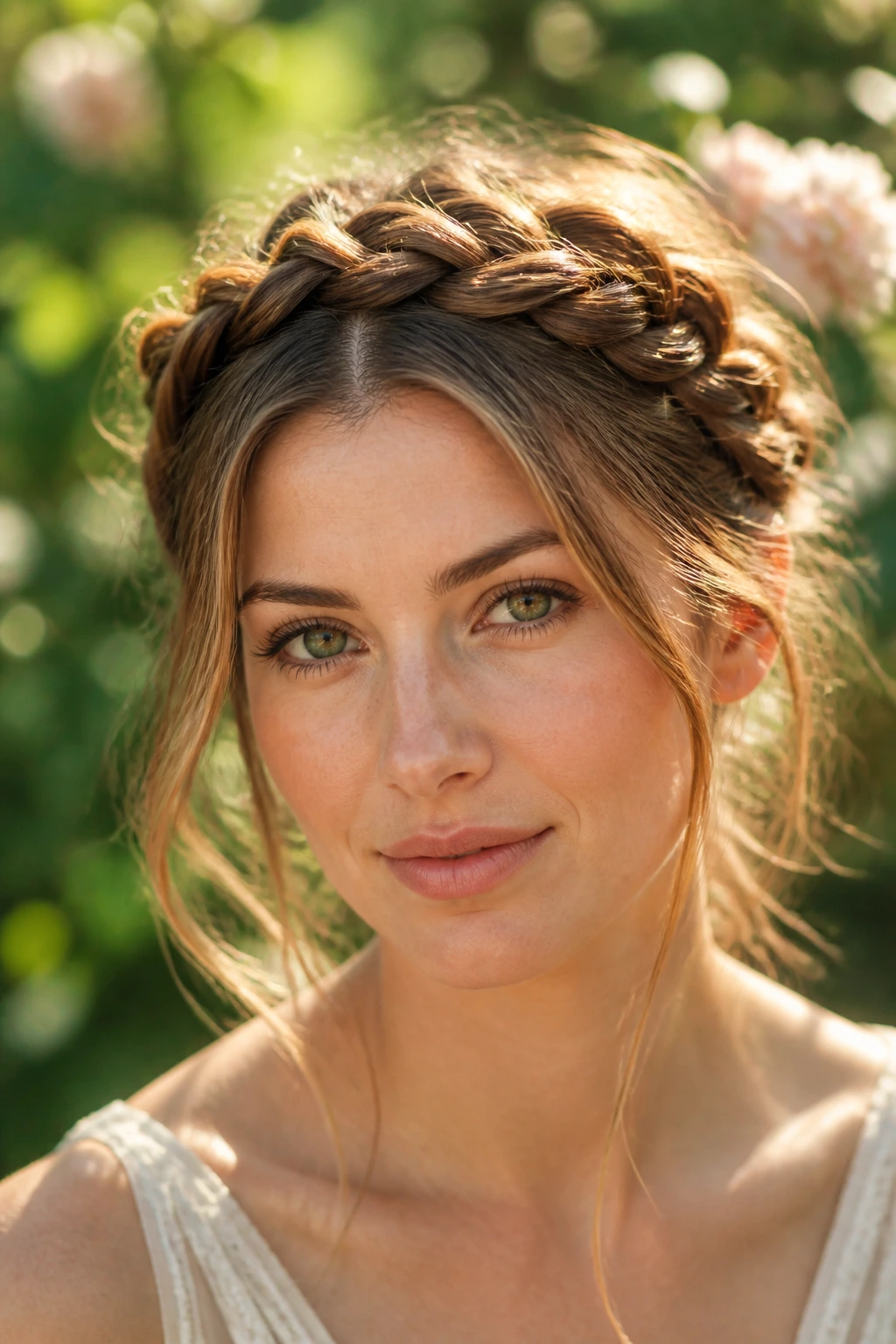 Close-up portrait of a woman wearing an airy braided crown with loose strands.