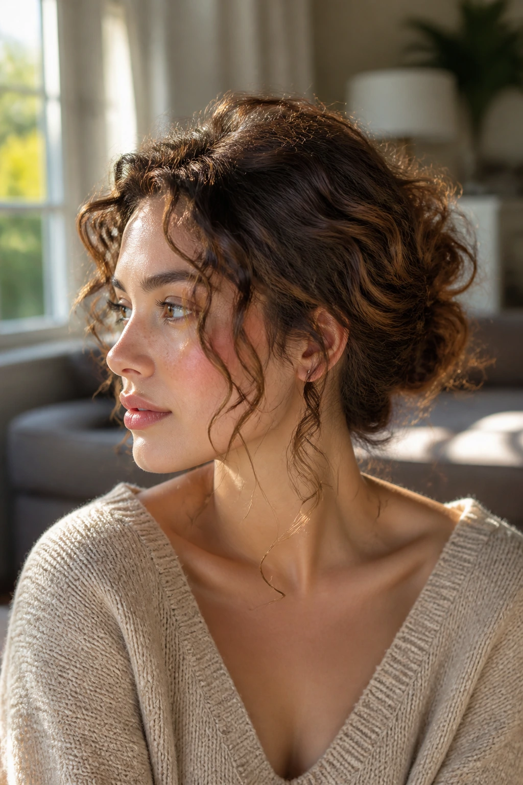 Close-up of a real woman's airy curled bun with natural waves